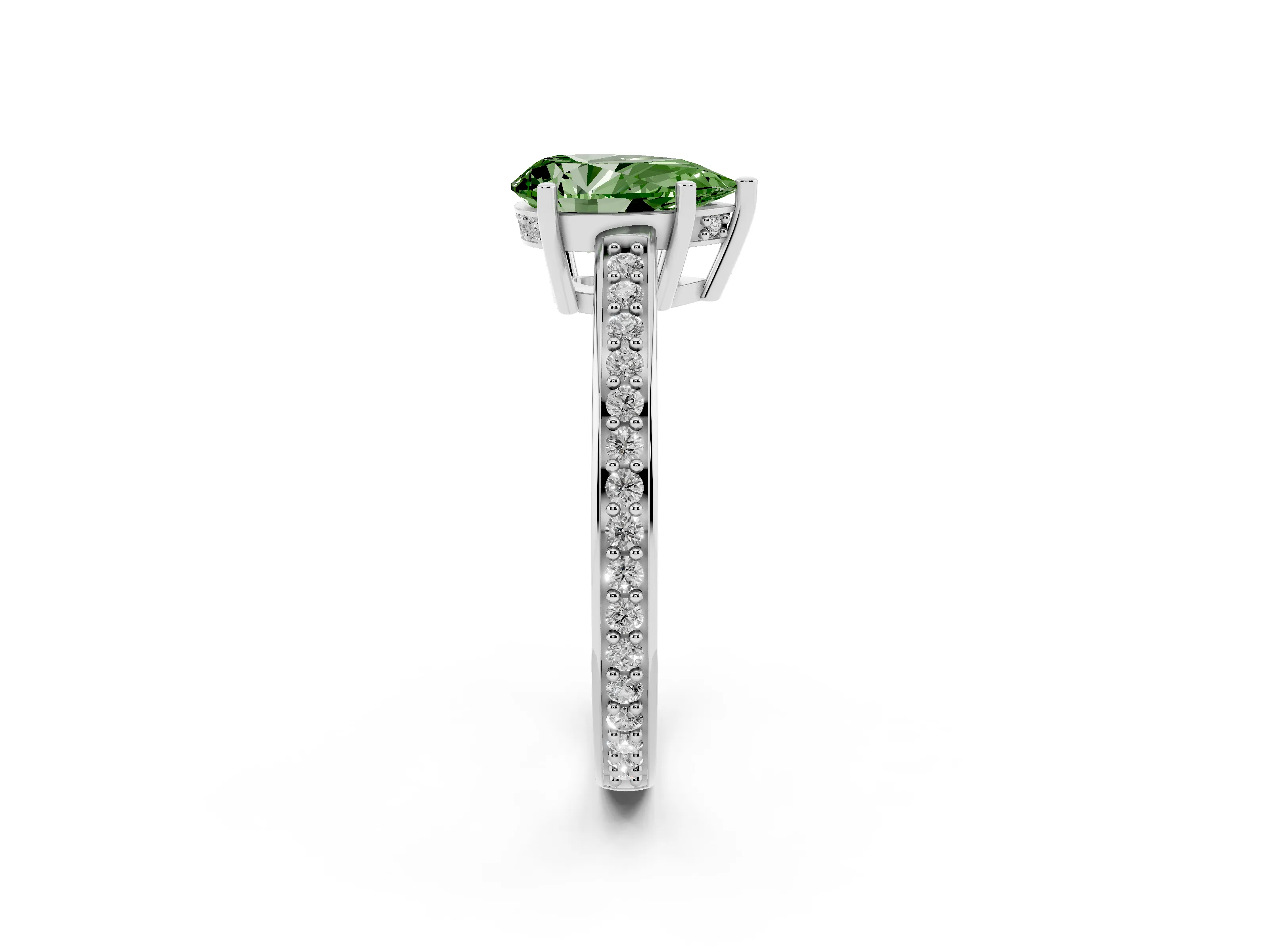 Fancy Green Pear Cut Diamond Pavé Band Prong Set Solitaire Ring Set in Platinum