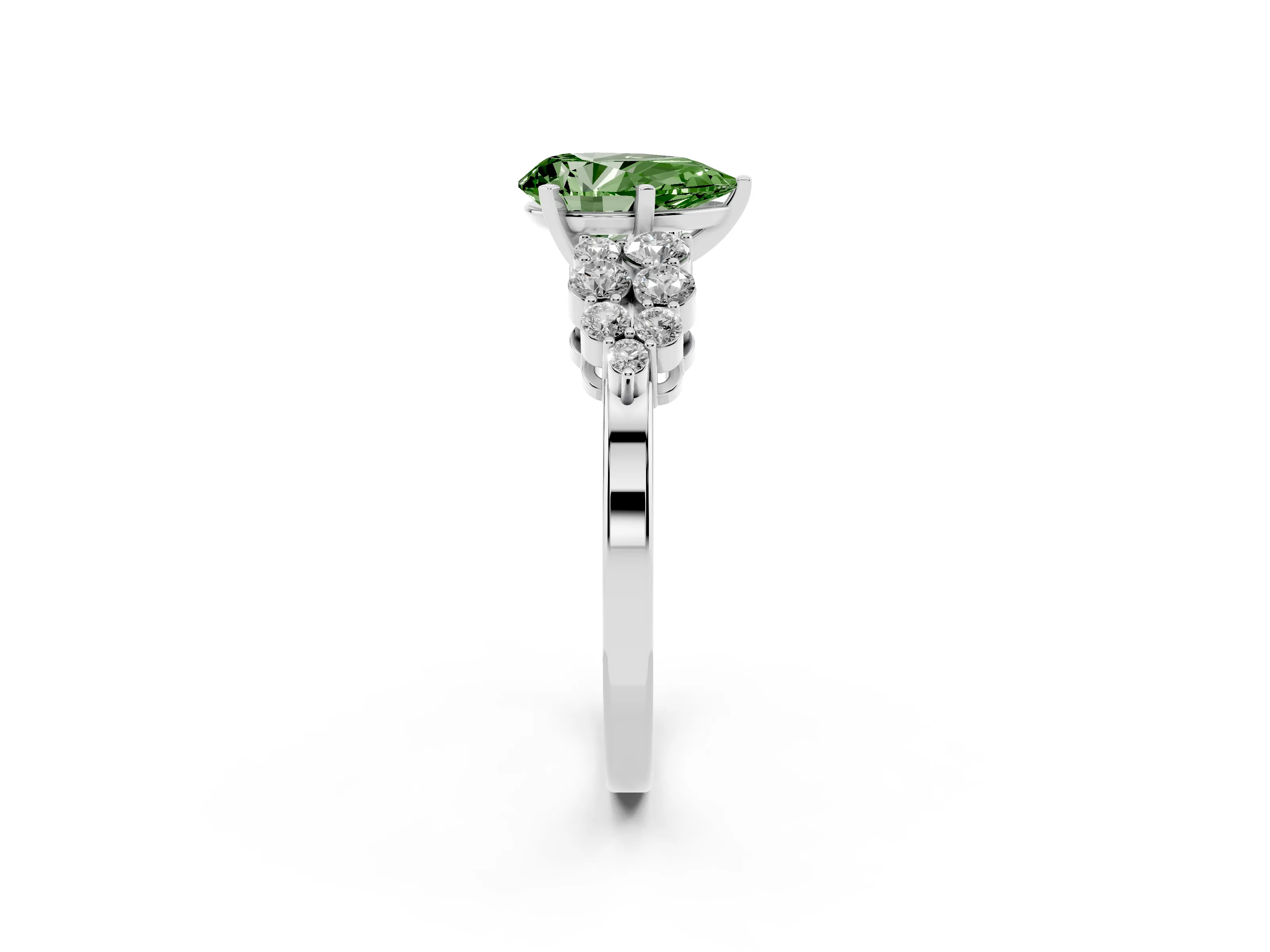 Fancy Green Pear Cut Diamond Cluster Engagement Ring Set in Silver with Pavé Band and Prong Setting
