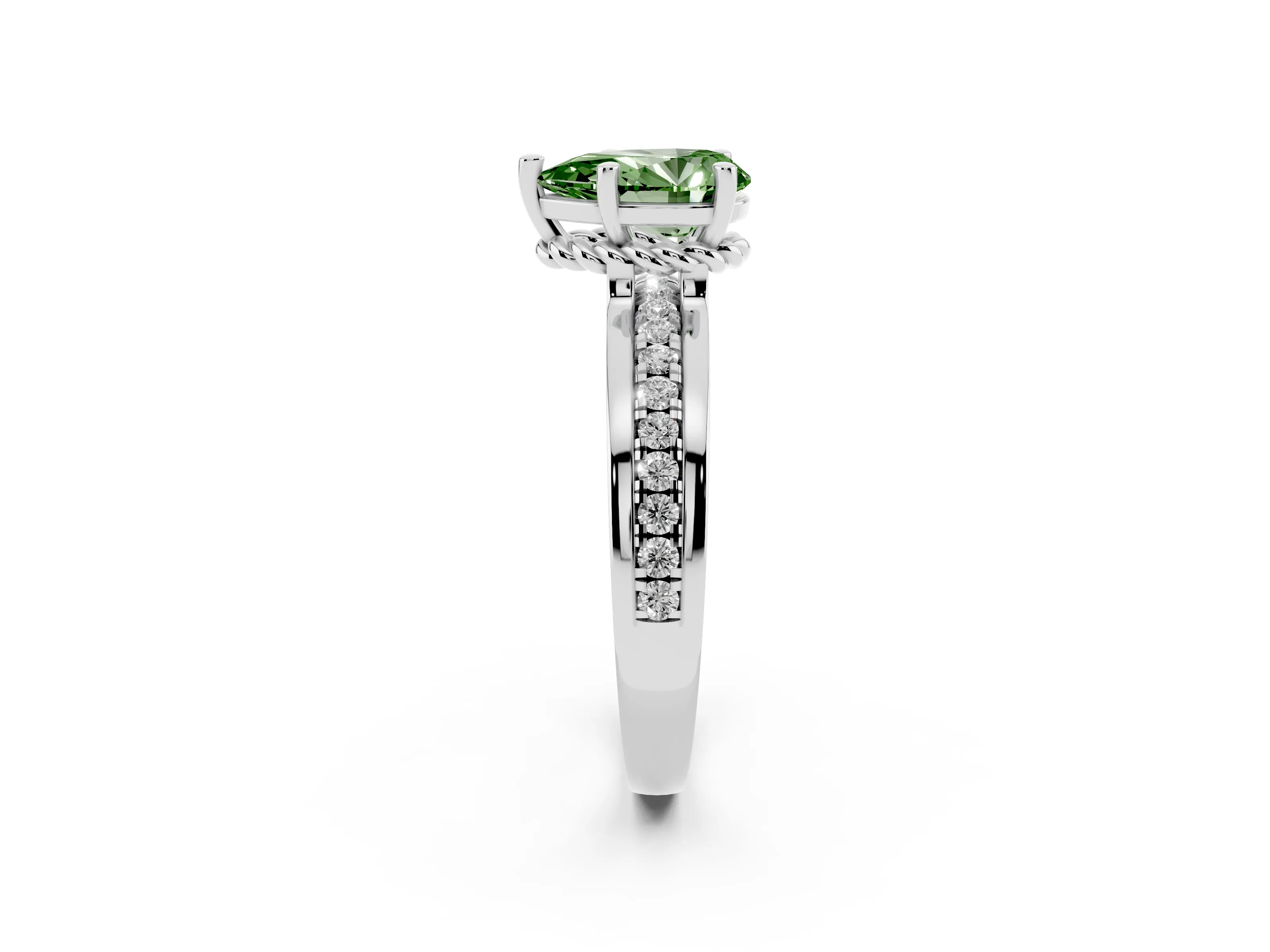 Fancy Green Pear Cut Diamond Solitaire Ring Set in Silver with Channel Set Band and Prong Setting