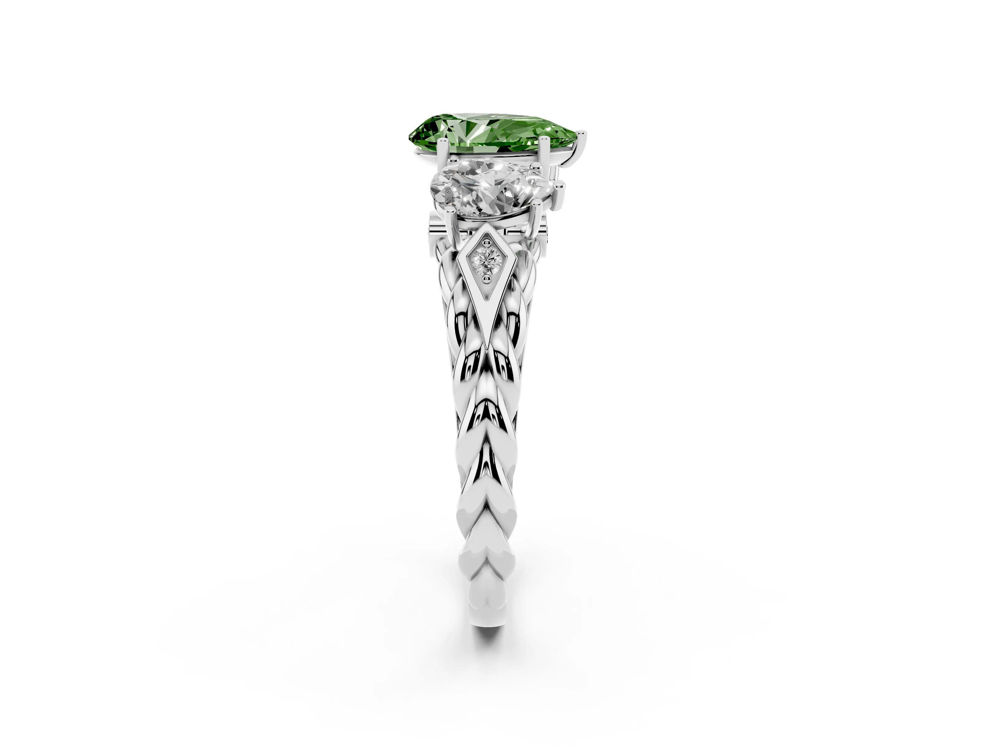 Fancy Green Pear Cut Diamond Three-Stone Ring Set in Platinum with Braided Band