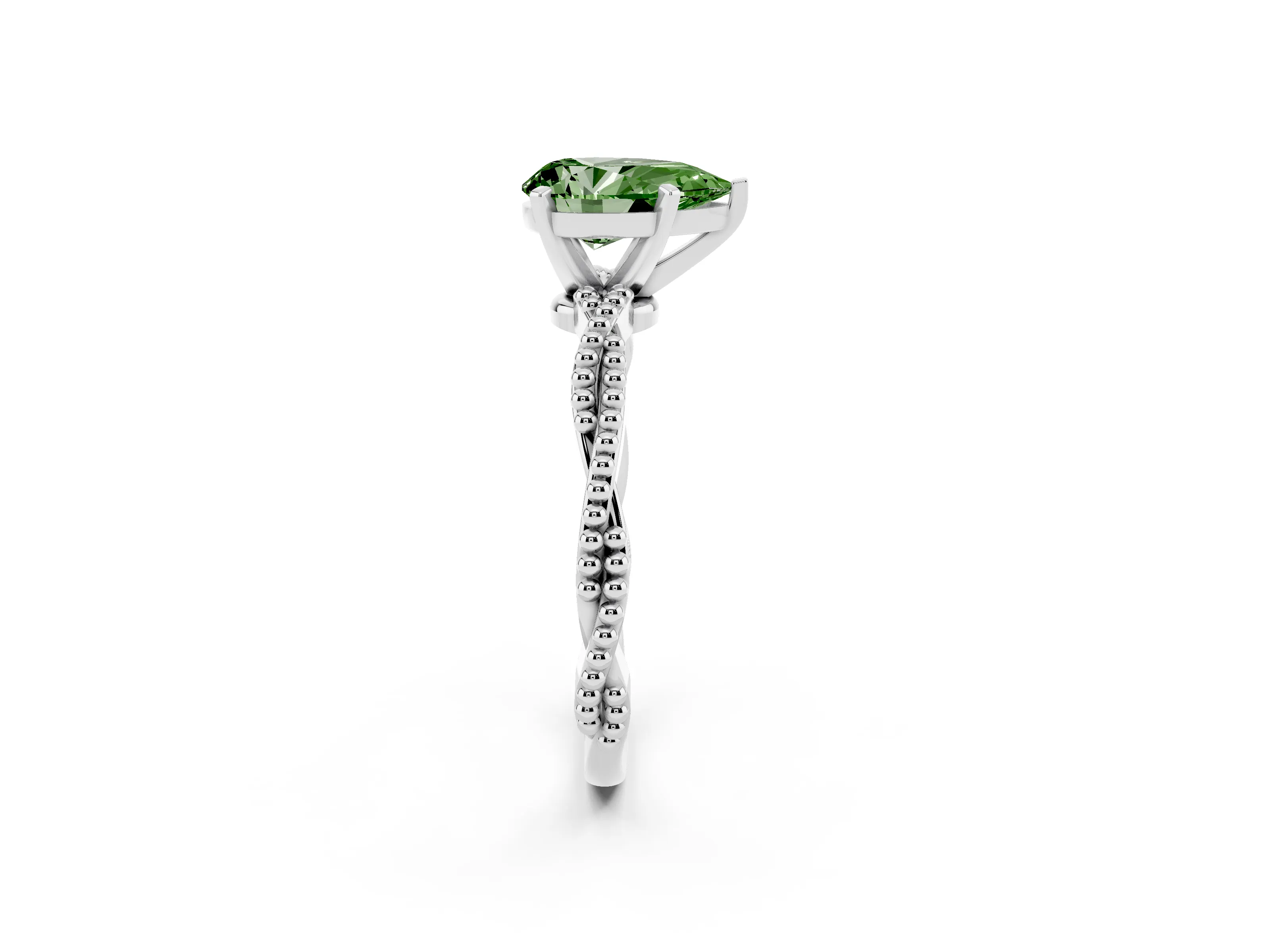 Fancy Green Pear Cut Diamond Solitaire Ring Set in White gold with Twisted Band and Bead Prong Setting