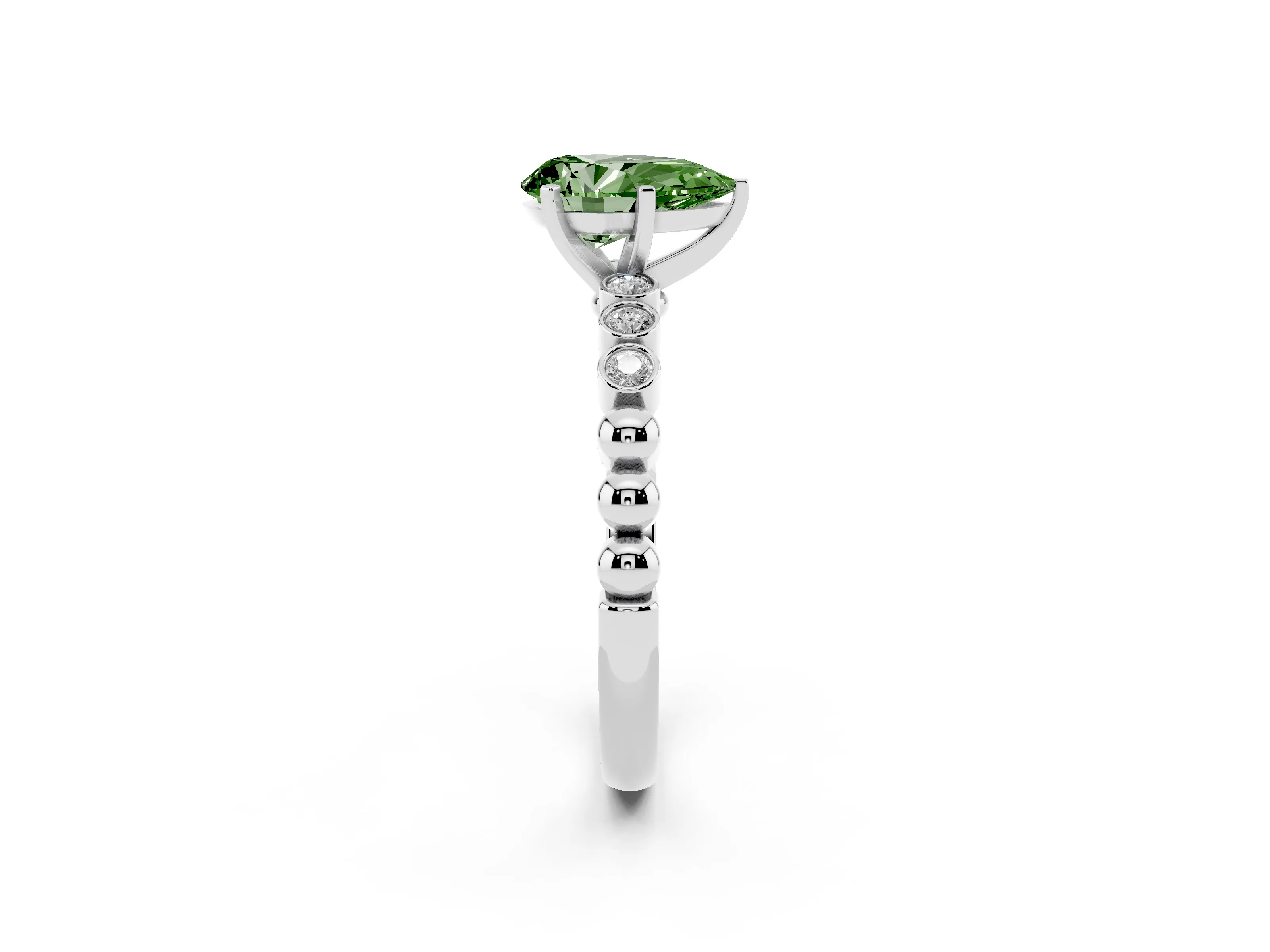 Fancy Green Pear Cut Diamond Solitaire Engagement Ring Set in White gold with Bezel Accents on Beaded Band