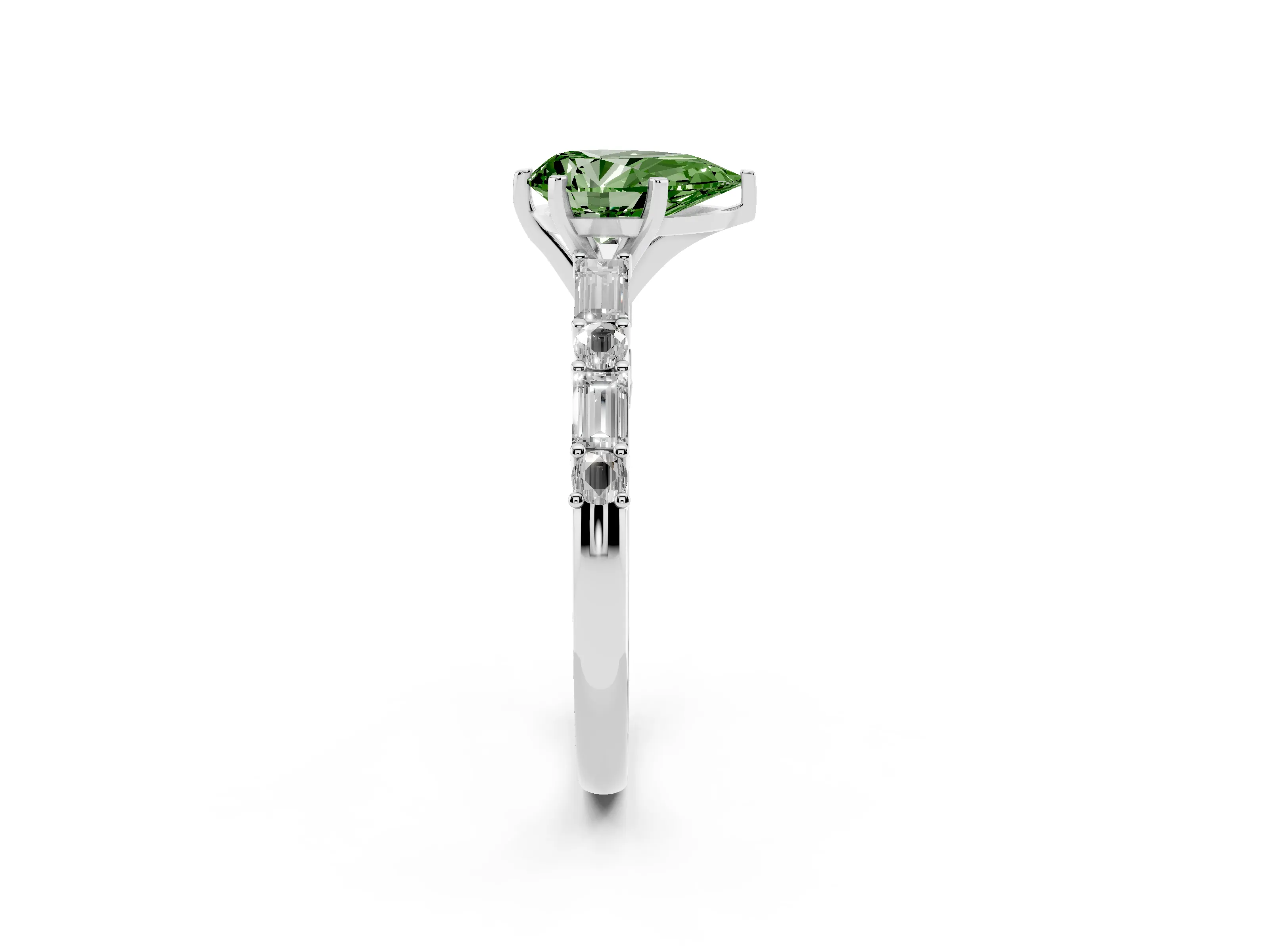 Fancy Green Pear Cut Diamond Solitaire Set in Platinum with Side Baguettes and Channel Set Band