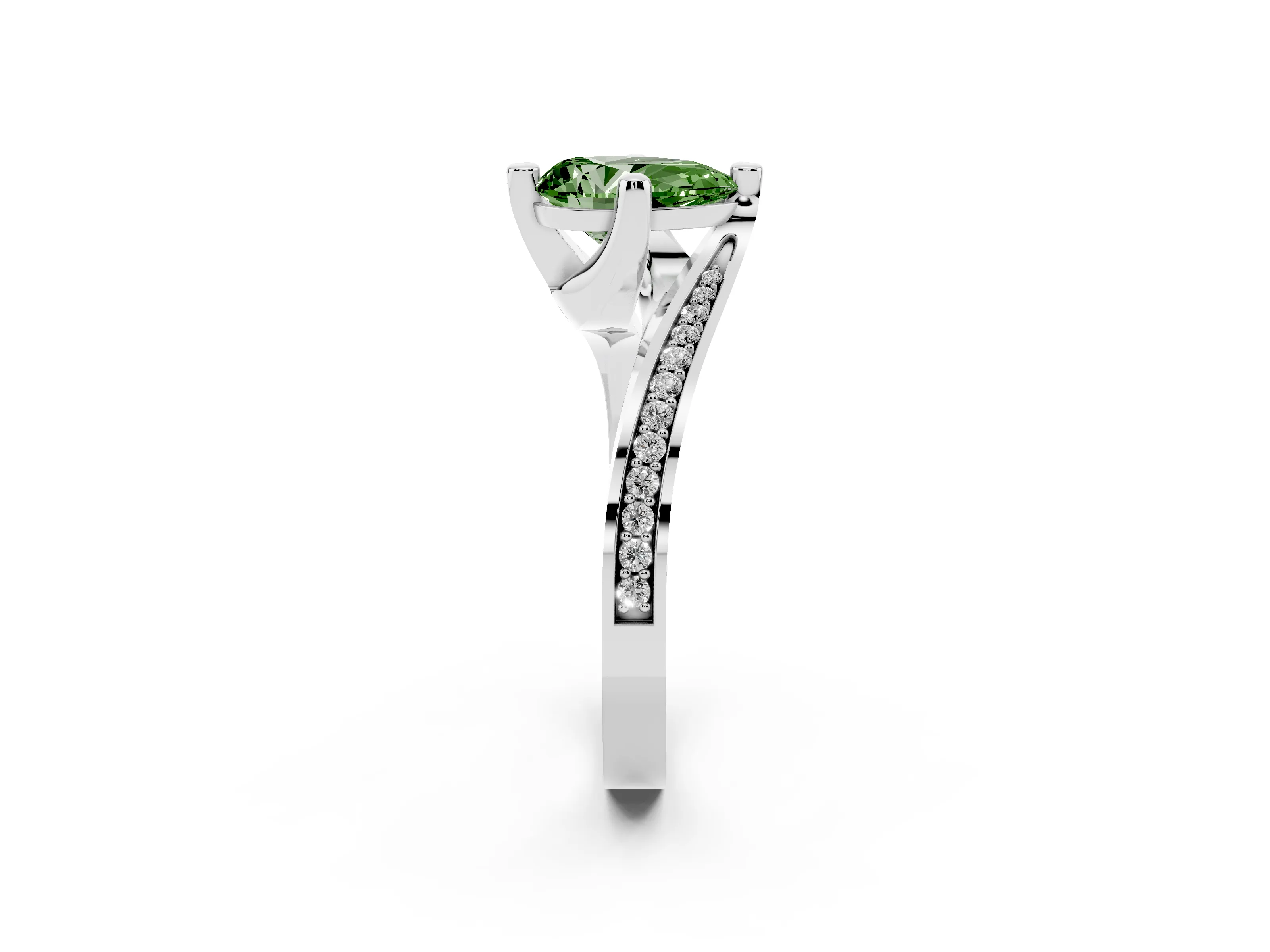 Fancy Green Pear Cut Diamond Solitaire Ring Set in Silver with Intertwined Pavé Twist Band