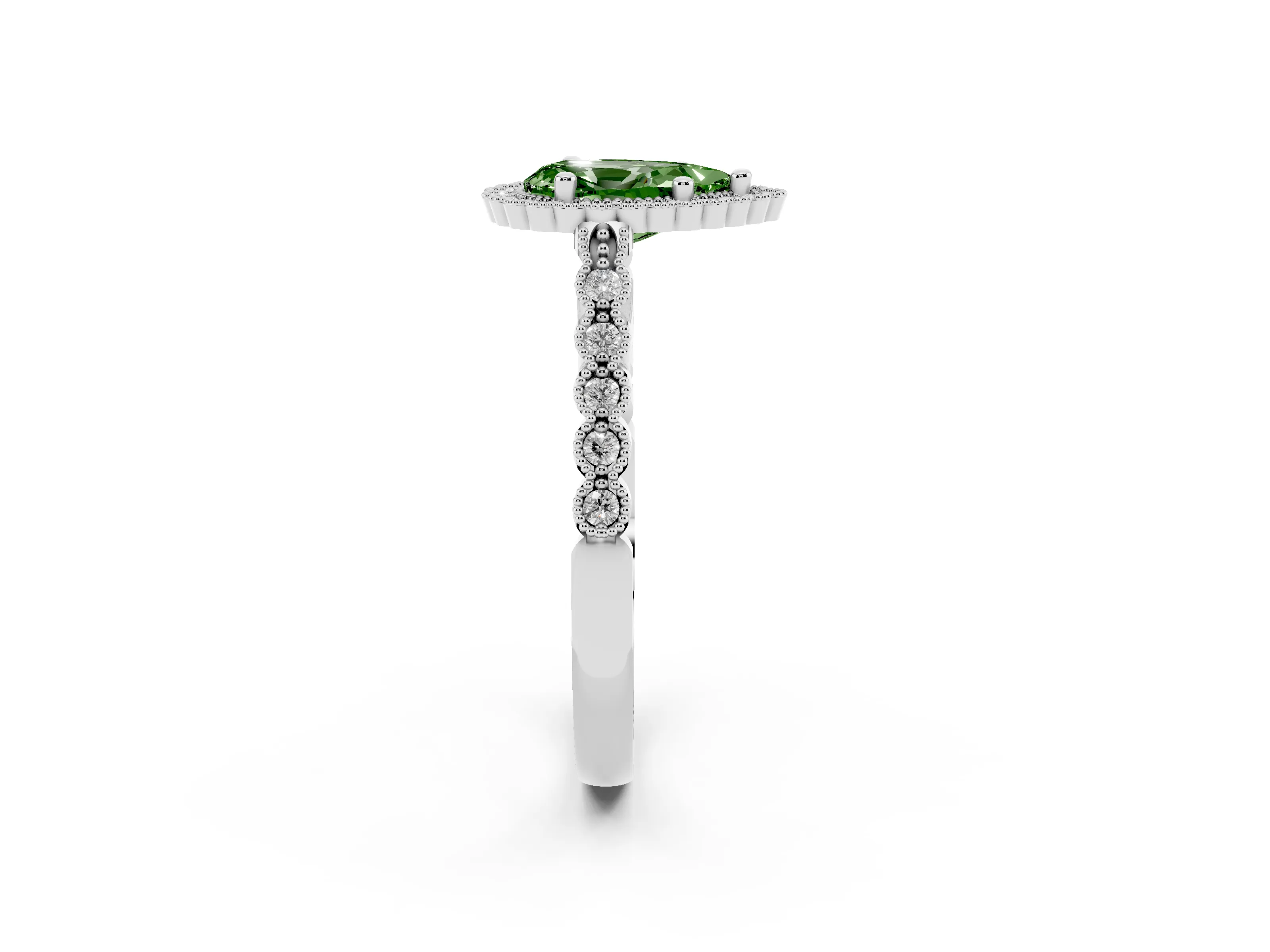 Fancy Green Pear Cut Diamond Halo Ring Set in Platinum with Pavé Milgrain Band