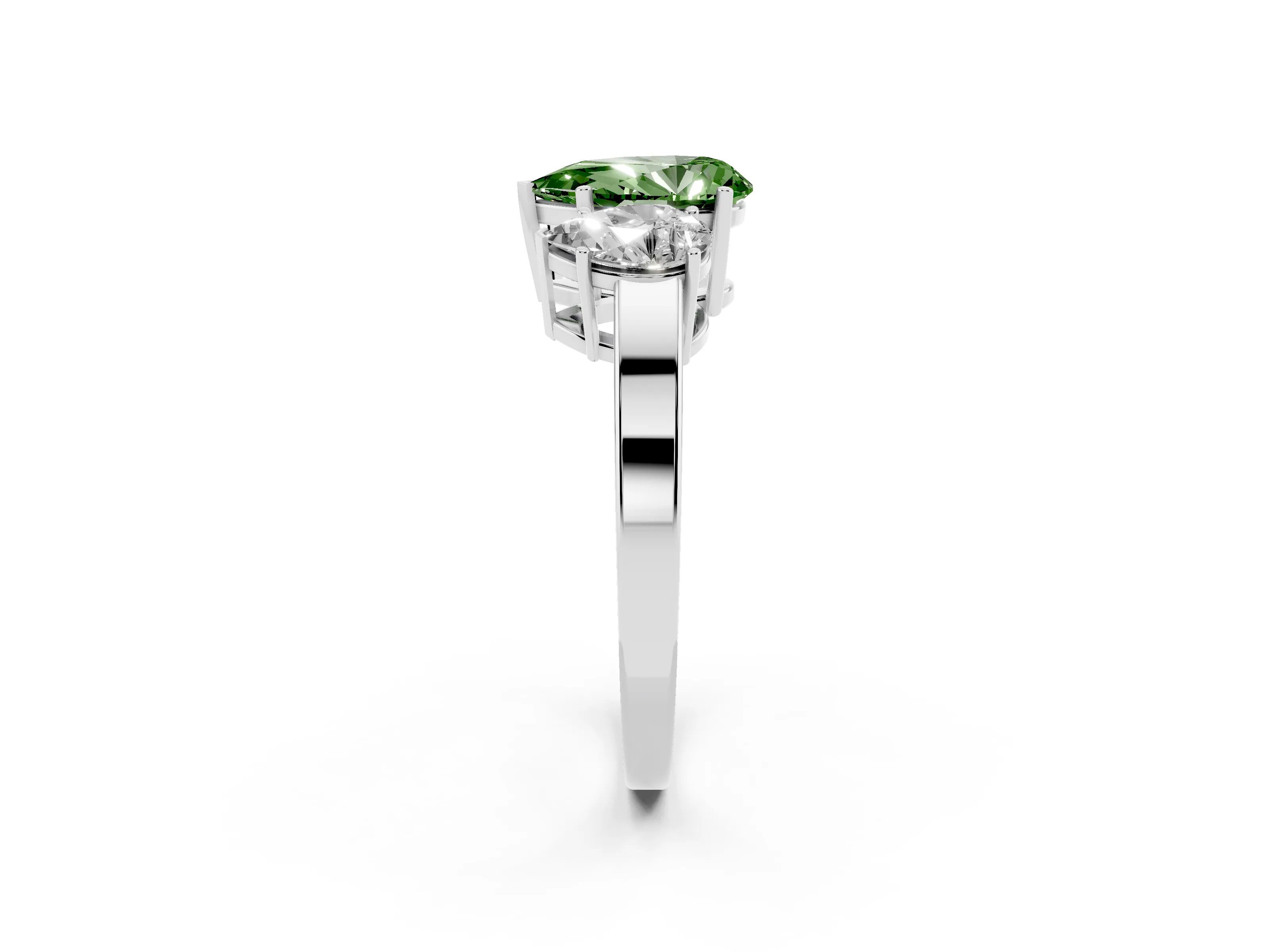 Fancy Green Pear Cut Diamond Three-Stone Engagement Ring Set in White gold with Flat Band