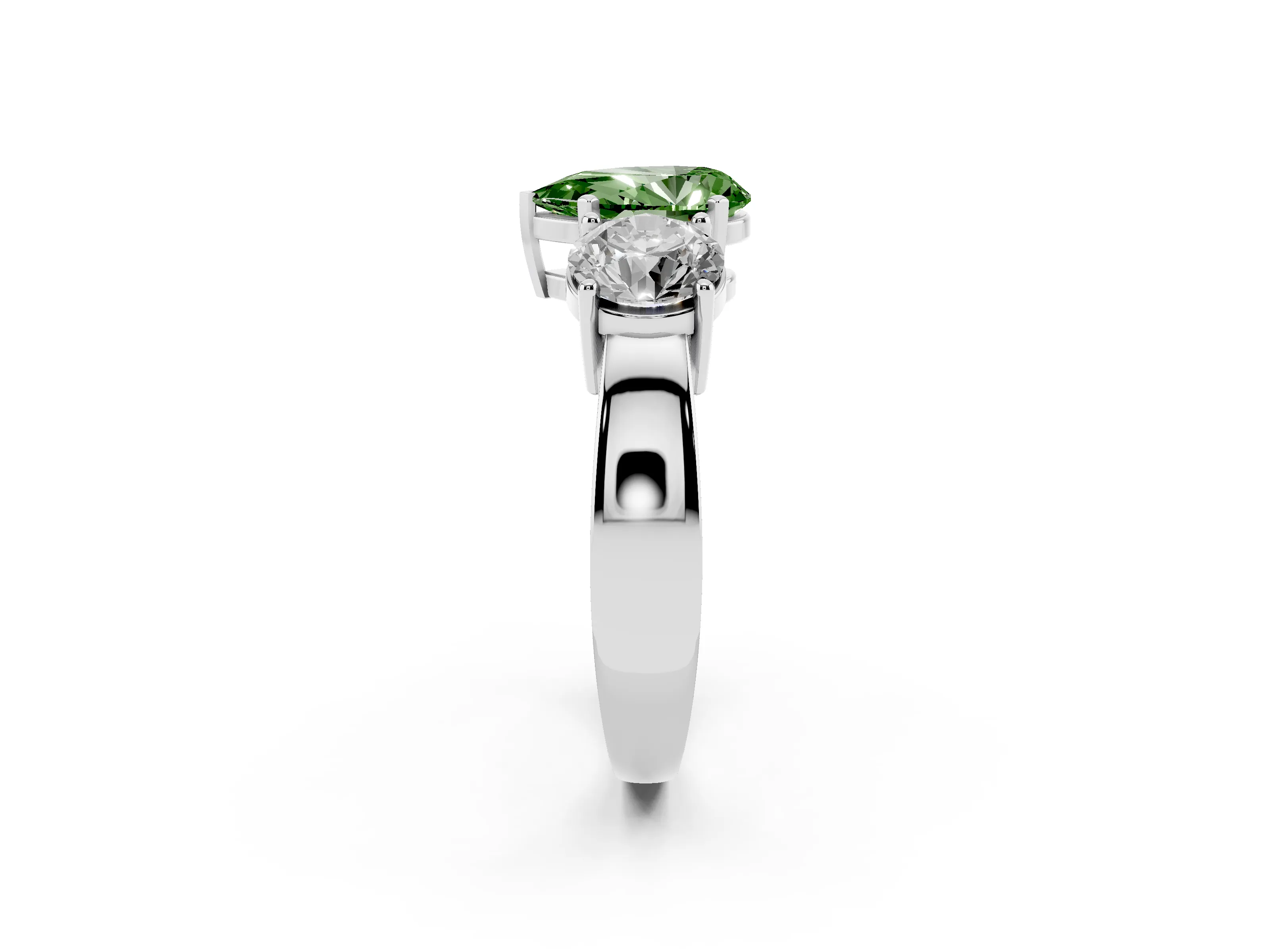 Fancy Green Pear Cut Diamond Three-Stone Ring Set in Silver with Round Side Stones and Classic Band