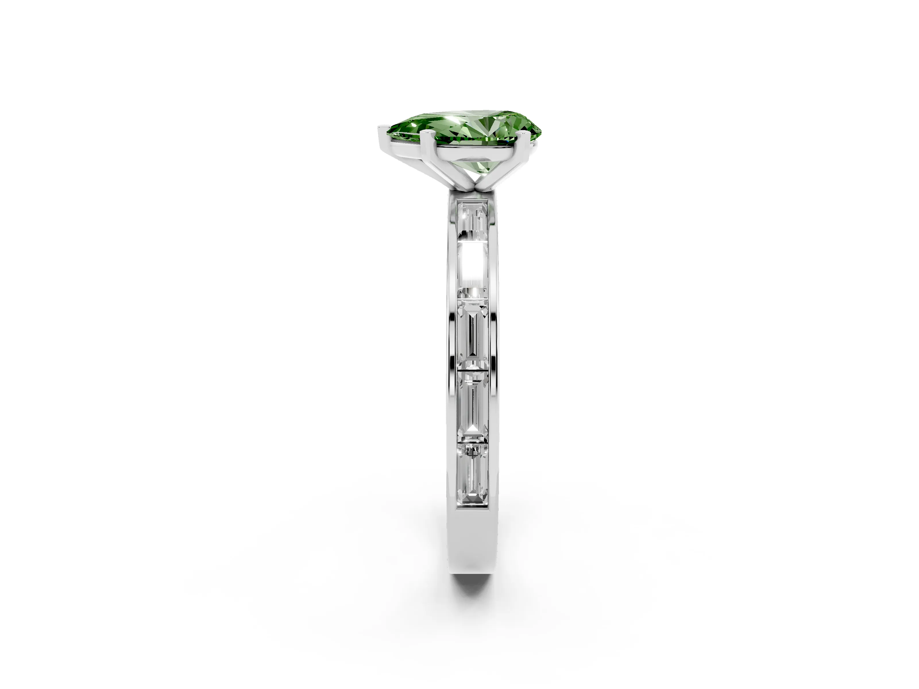 Fancy Green Pear Cut Diamond Solitaire Ring Set in Platinum with Channel-Set Baguette Band and Prong Setting