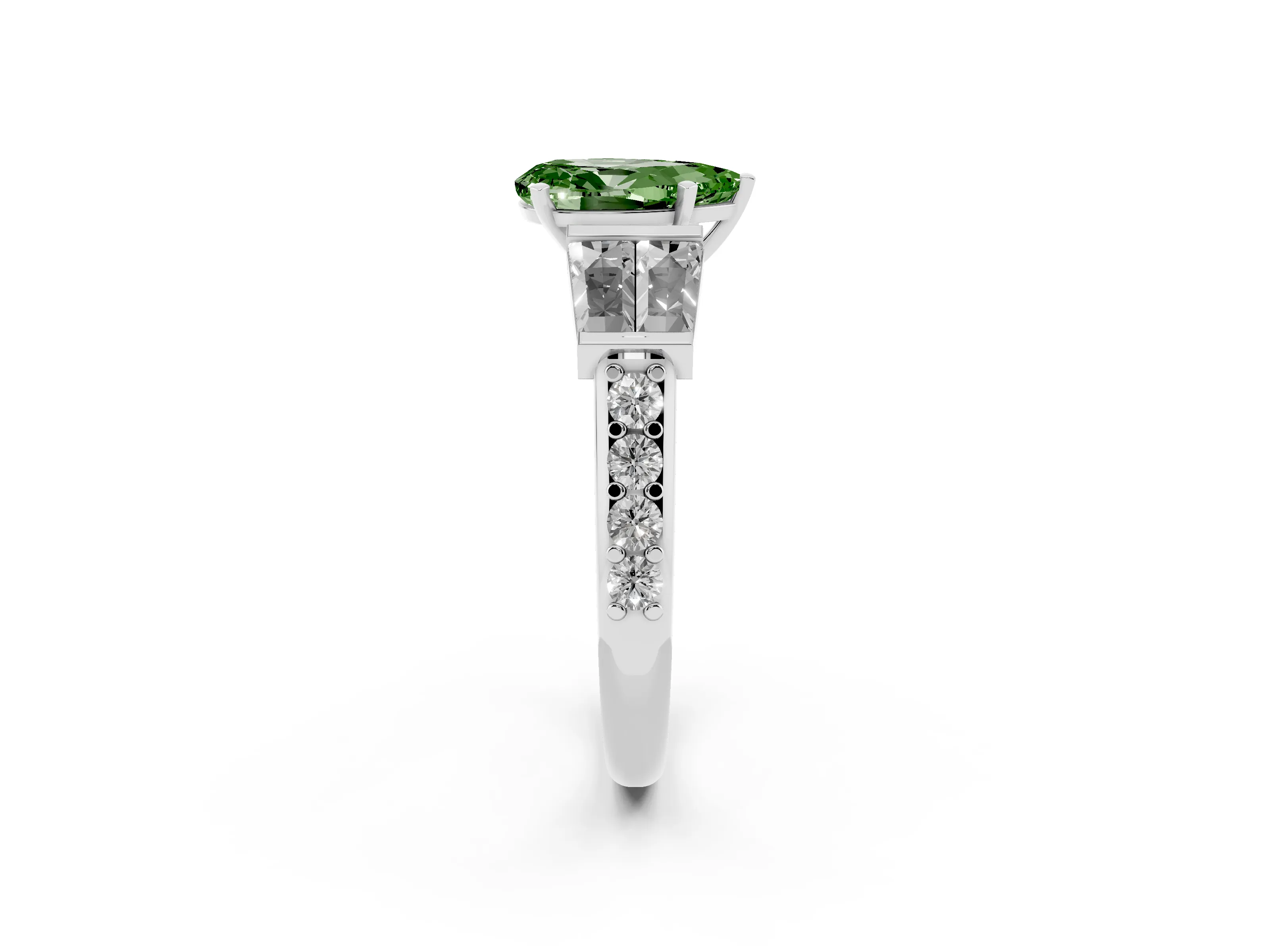Fancy Green Pear Cut Diamond Engagement Ring Set in White gold with Baguette Side Stones and Channel Set Band