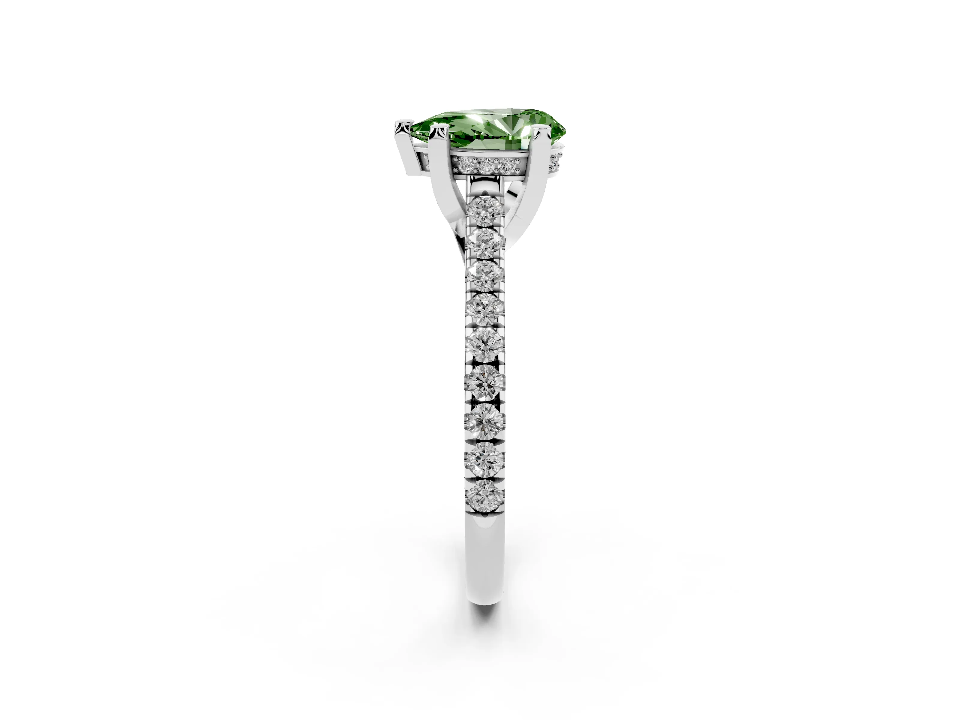 Fancy Green Pear Cut Diamond Solitaire Ring Set in Platinum with Brilliant Pavé Band and Prong Setting