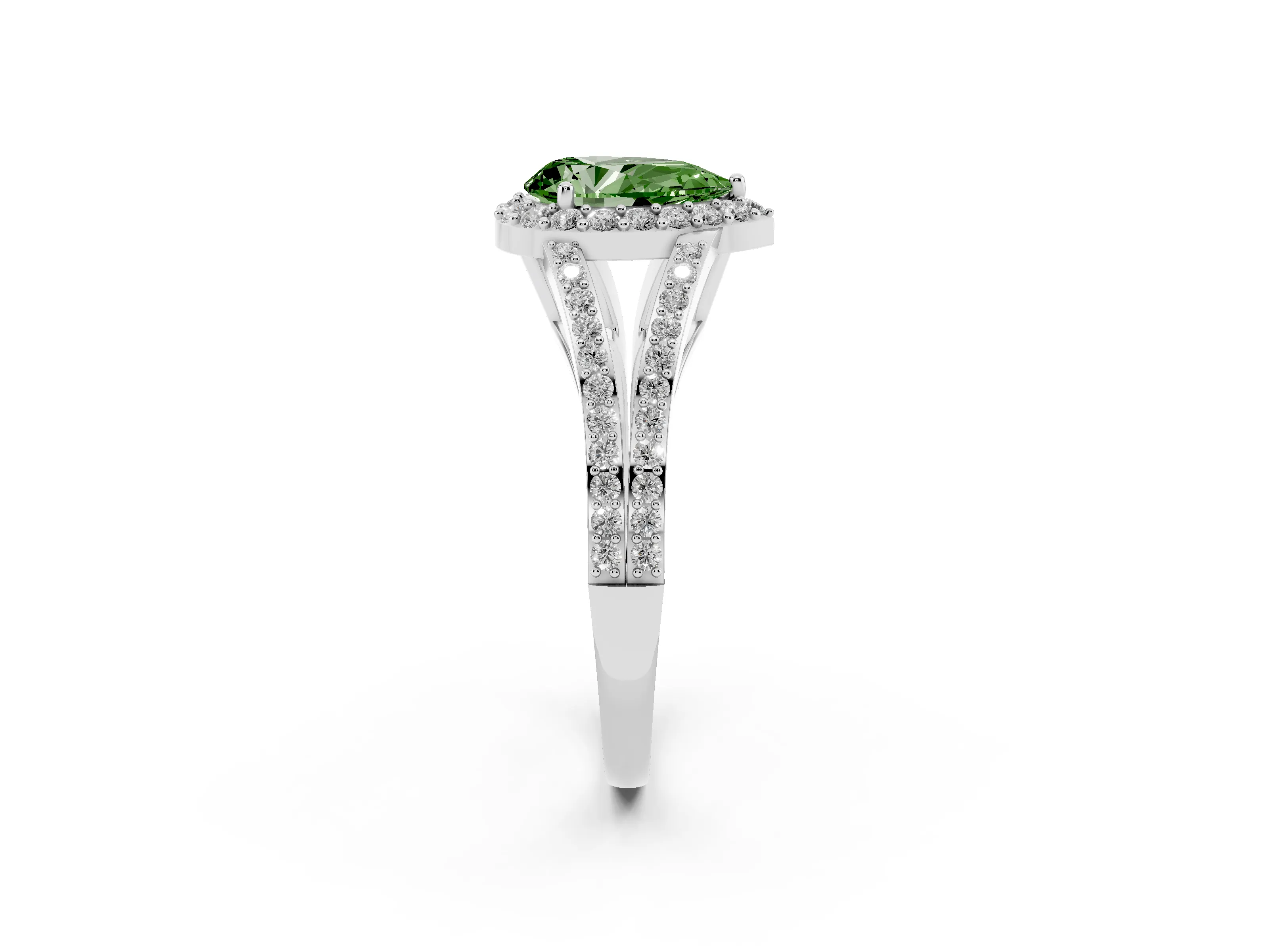 Fancy Green Pear Cut Diamond Halo Split Shank Pavé Ring Set in Silver with Prong Setting