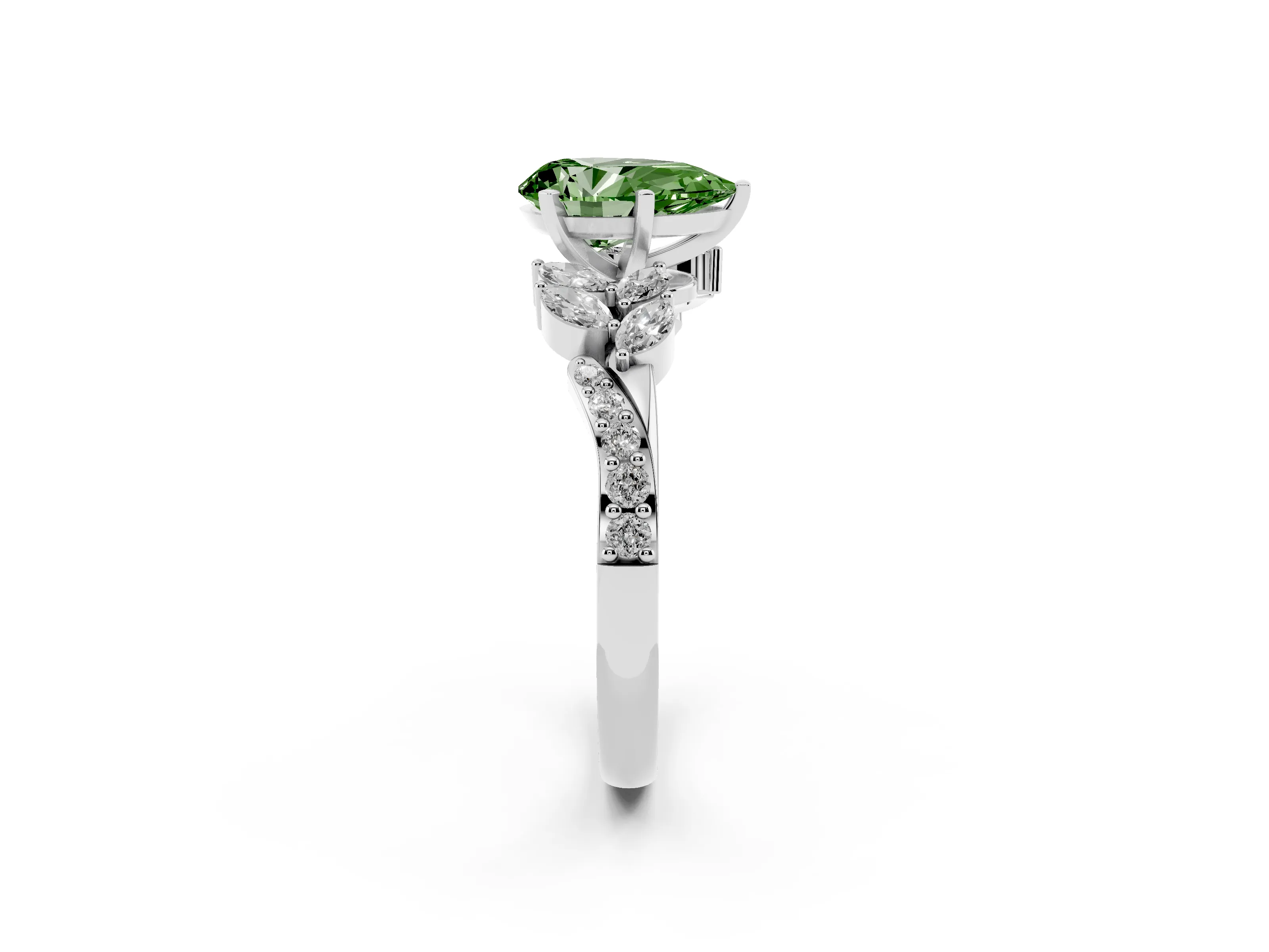 Fancy Green Pear Cut Diamond Solitaire Ring Set in Silver with Marquise Twist Band and Prong Setting
