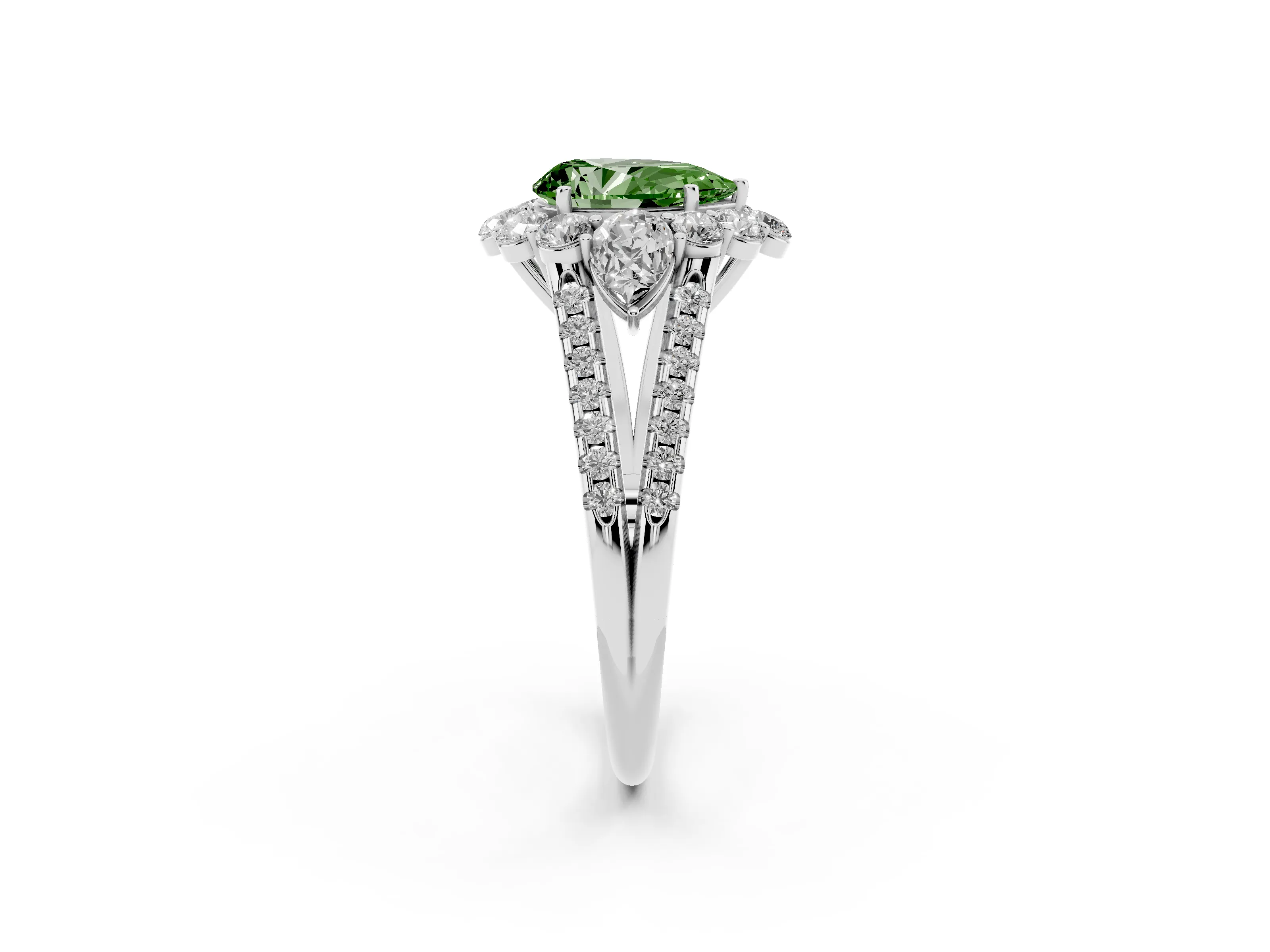 Fancy Green Pear Cut Diamond Halo Split Shank Engagement Ring Set in Platinum with Prong-Held Center Stone