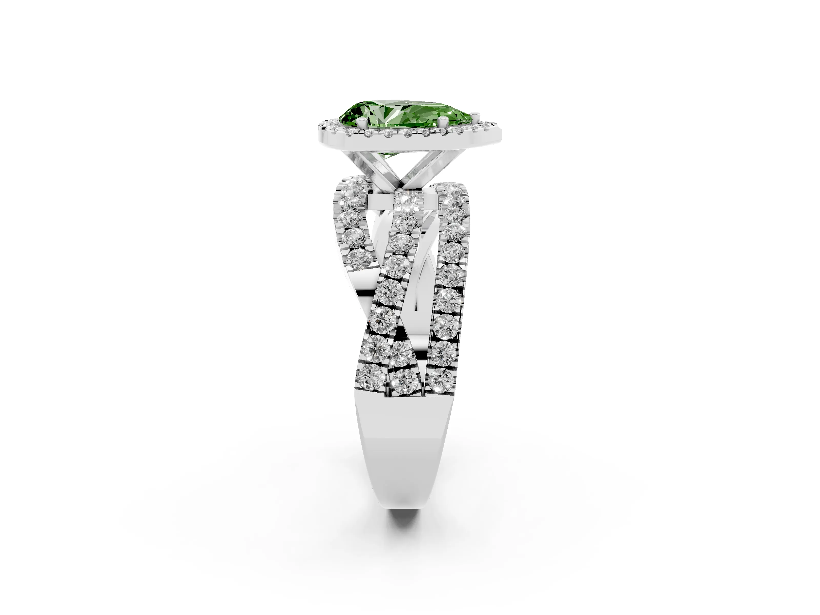 Fancy Green Pear Cut Diamond Halo Ring Set in Platinum with Round Crossover Split Shank and Prong Setting