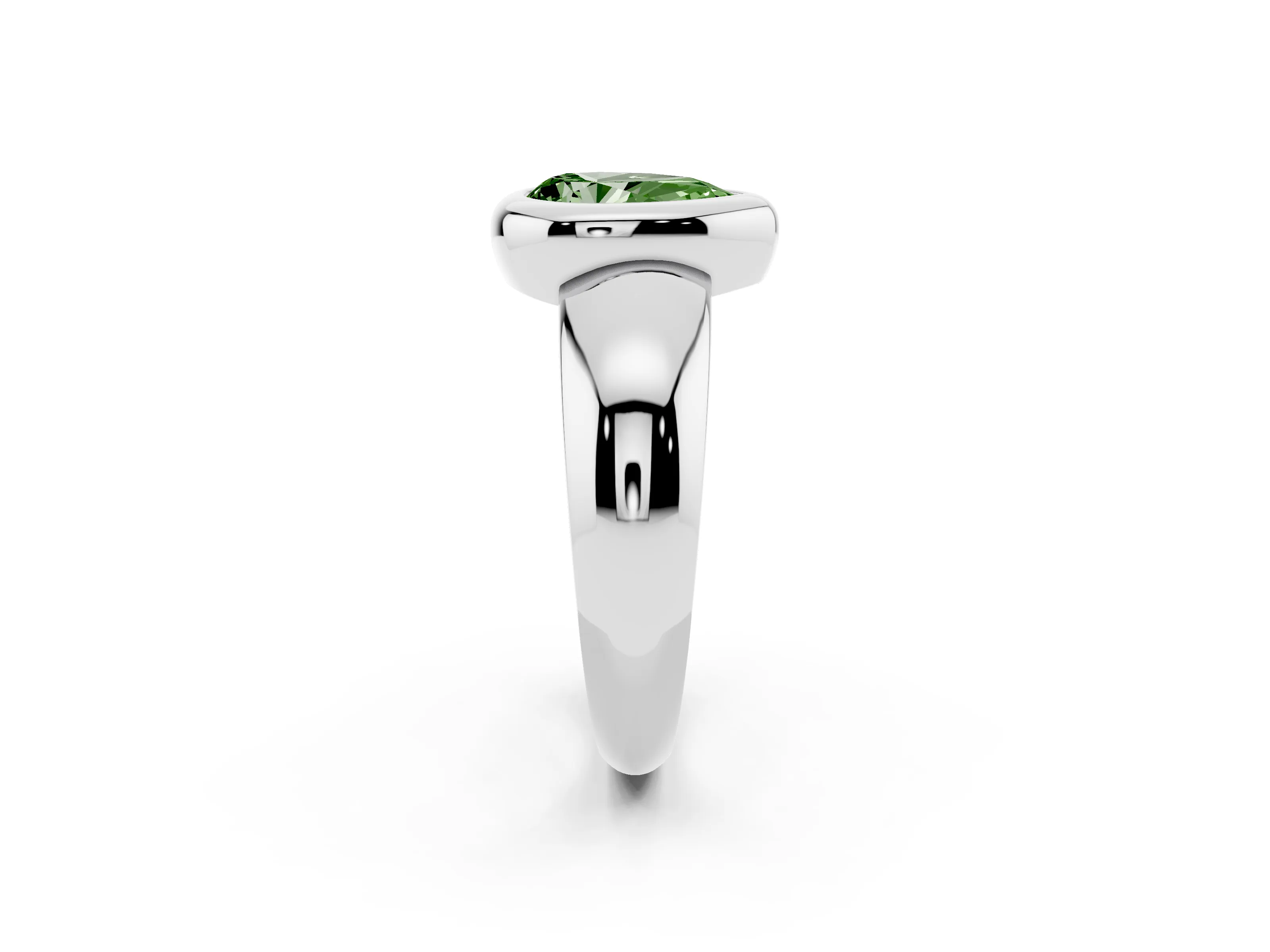 Fancy Green Bezel Set Pear Cut Diamond Solitaire Ring Set in White gold with Wide Band