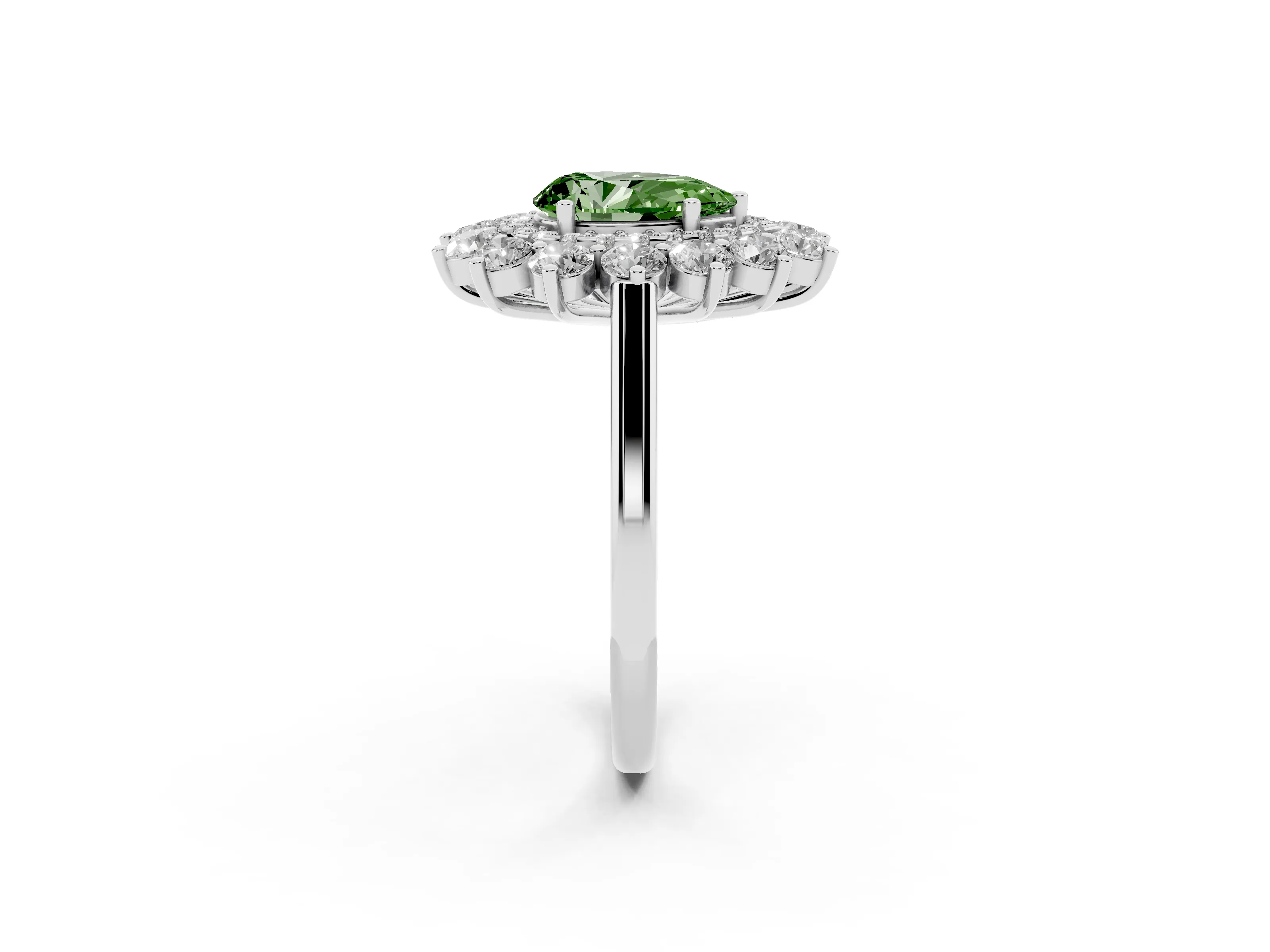Fancy Green Pear Cut Diamond Floral Double Halo Ring Set in White gold with Round Petals
