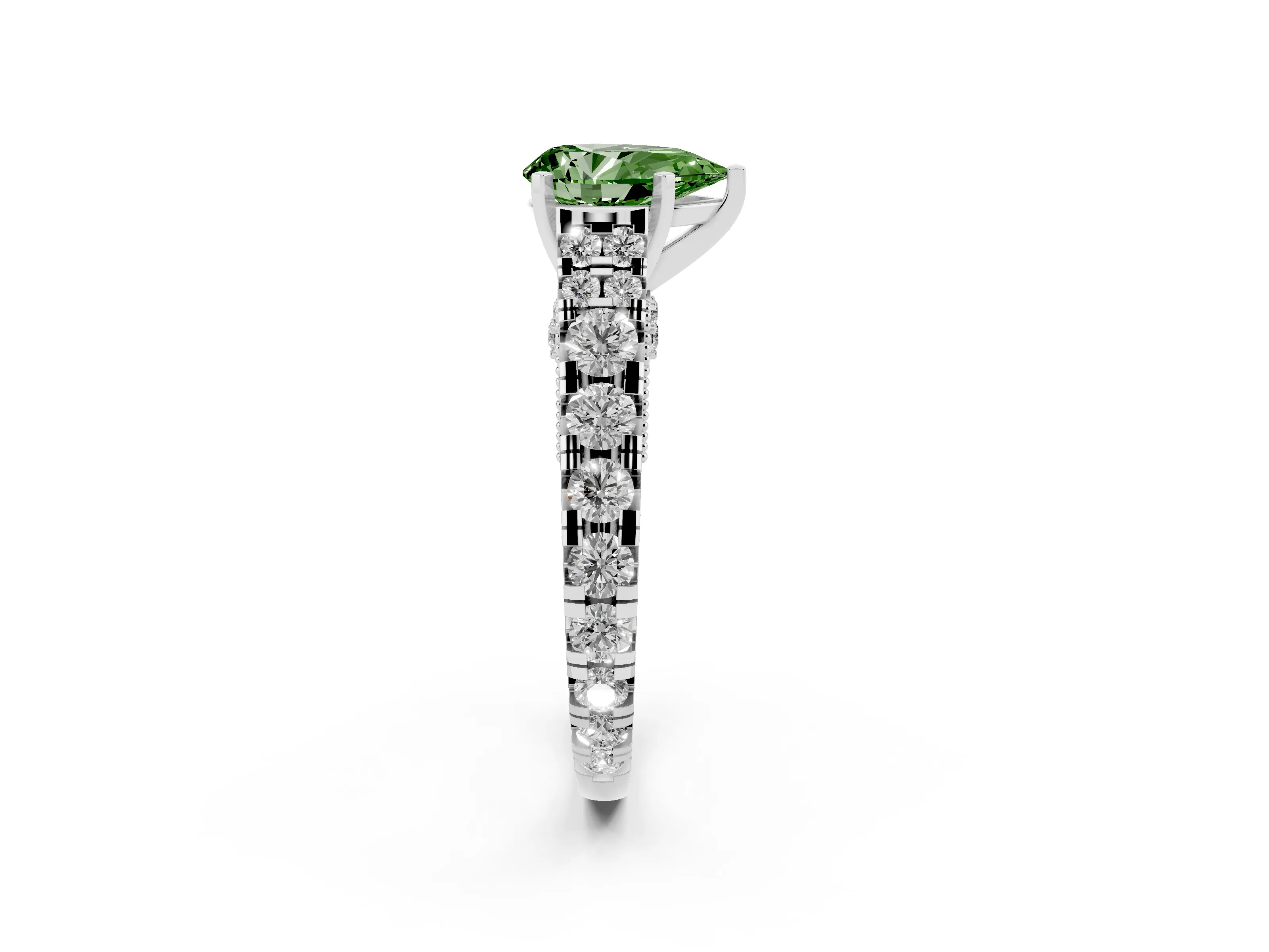 Fancy Green Pear Cut Diamond Classic Solitaire Ring Set in Platinum with Pavé Band and Prong Setting