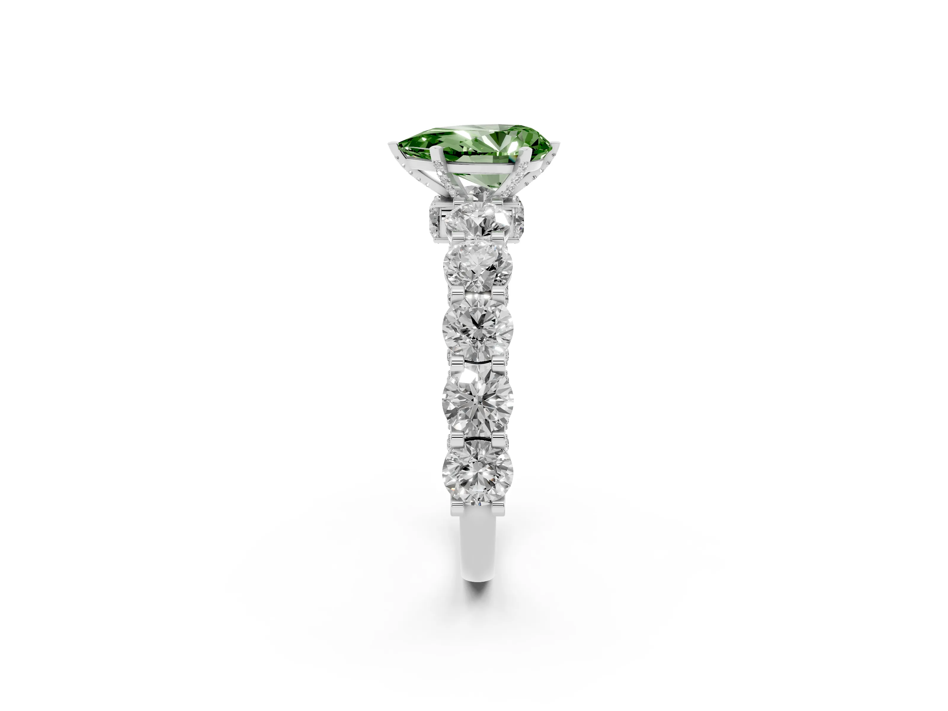 Fancy Green Pear Cut Diamond Side Stone Ring Set in Platinum with Alternating Round and Oval Side Stones
