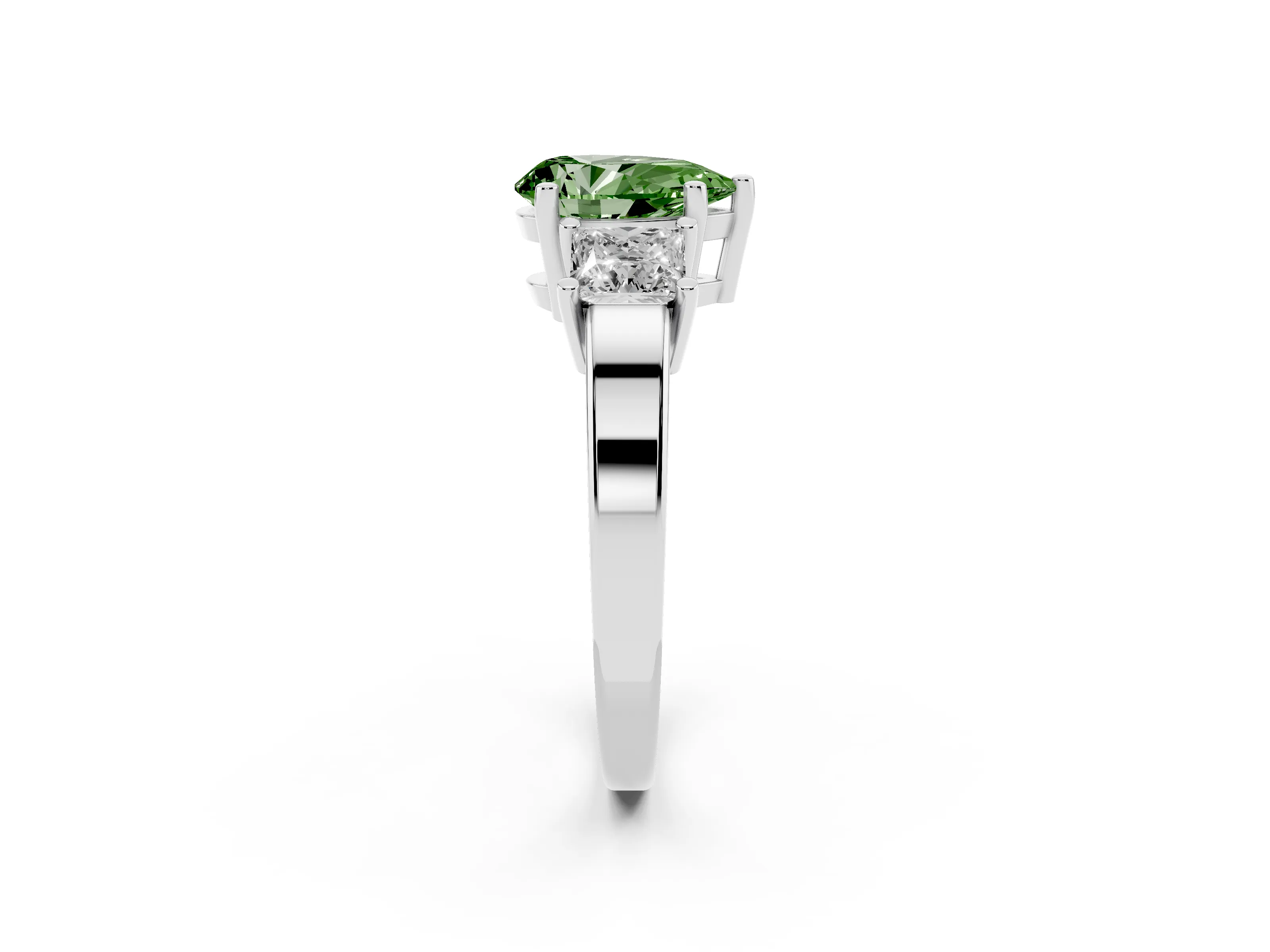 Fancy Green Three-Stone Pear Cut Diamond Solitaire Ring Set in Platinum with Prong Setting