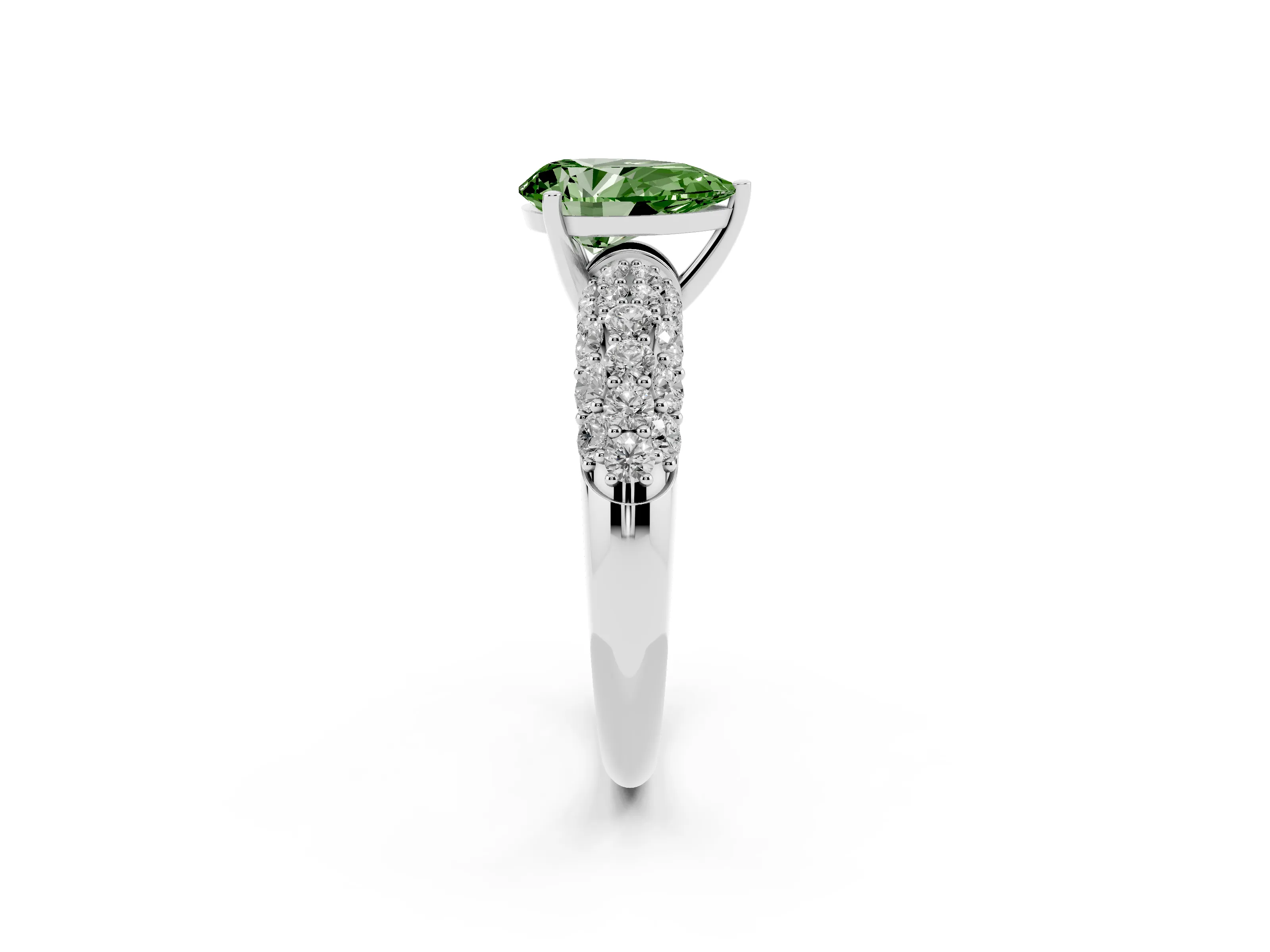 Fancy Green Pear Cut Diamond Pavé Band Solitaire Ring Set in White gold with Close-Set Accent Stones and Prong Setting