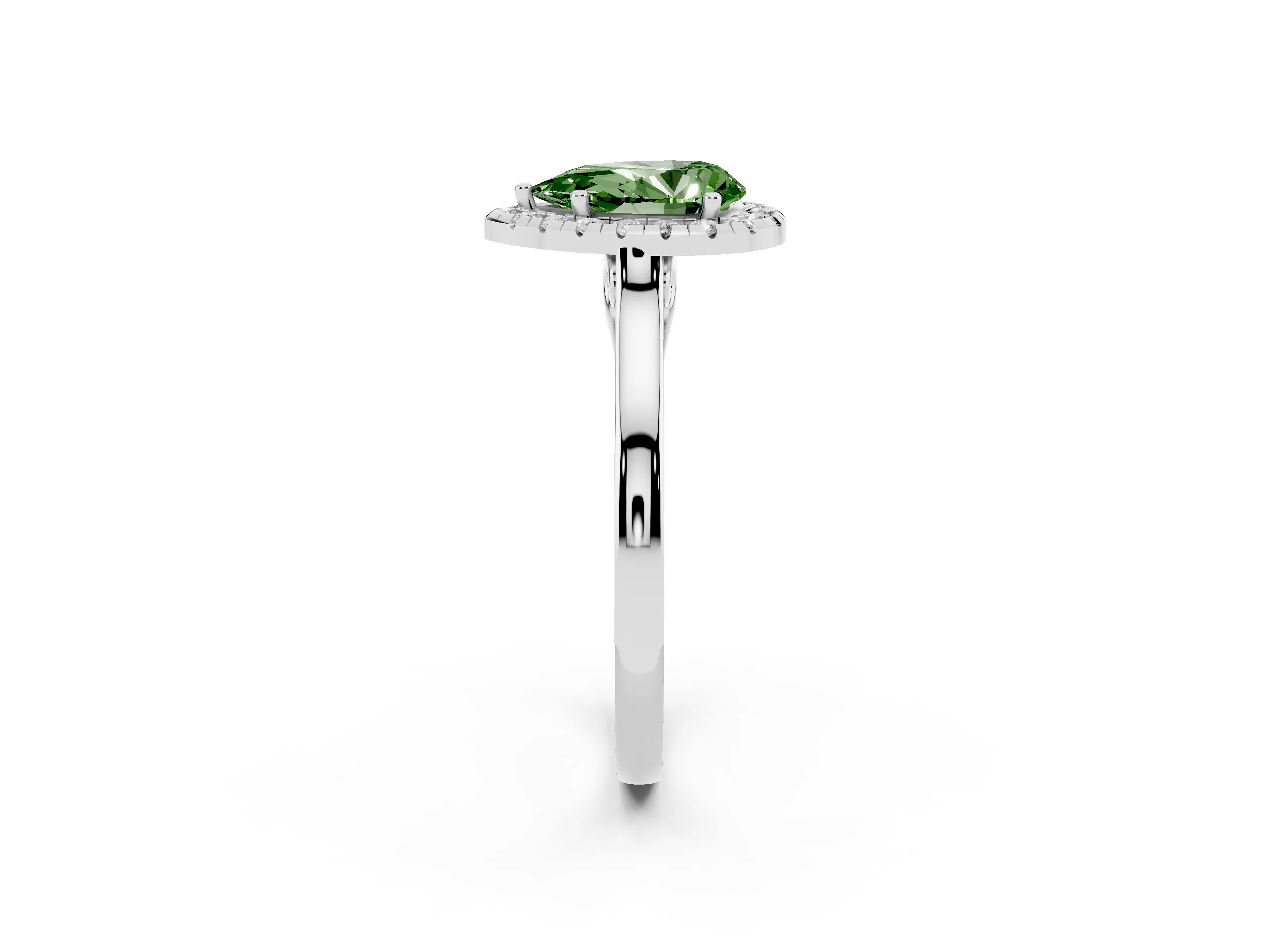 Fancy Green Pear Cut Halo Round Diamond Solitaire Ring Set in White gold with Pavé Band and Prong Setting