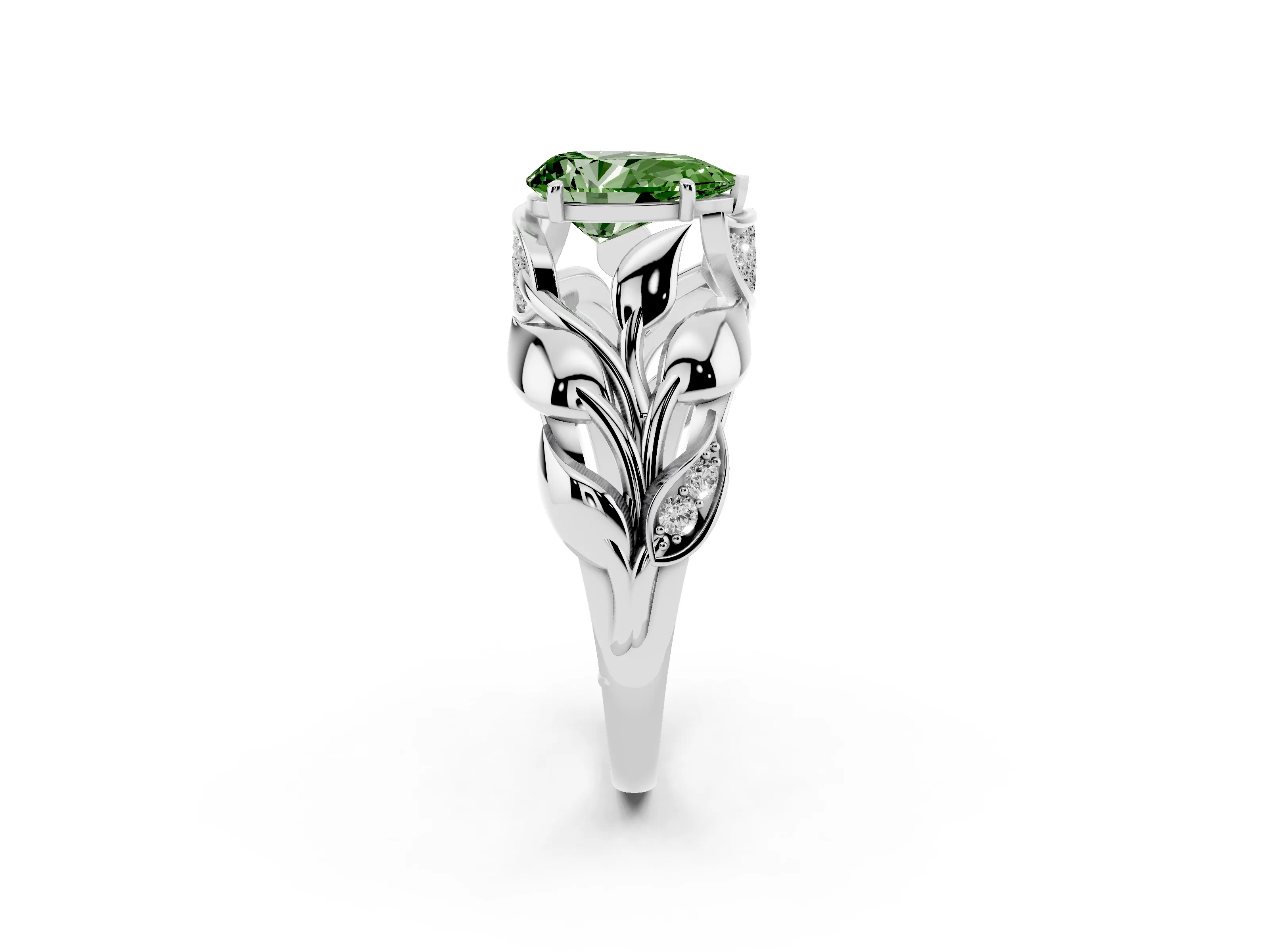 Fancy Green Pear Cut Diamond Leaf-Inspired Engagement Ring Set in Silver with Round Accents
