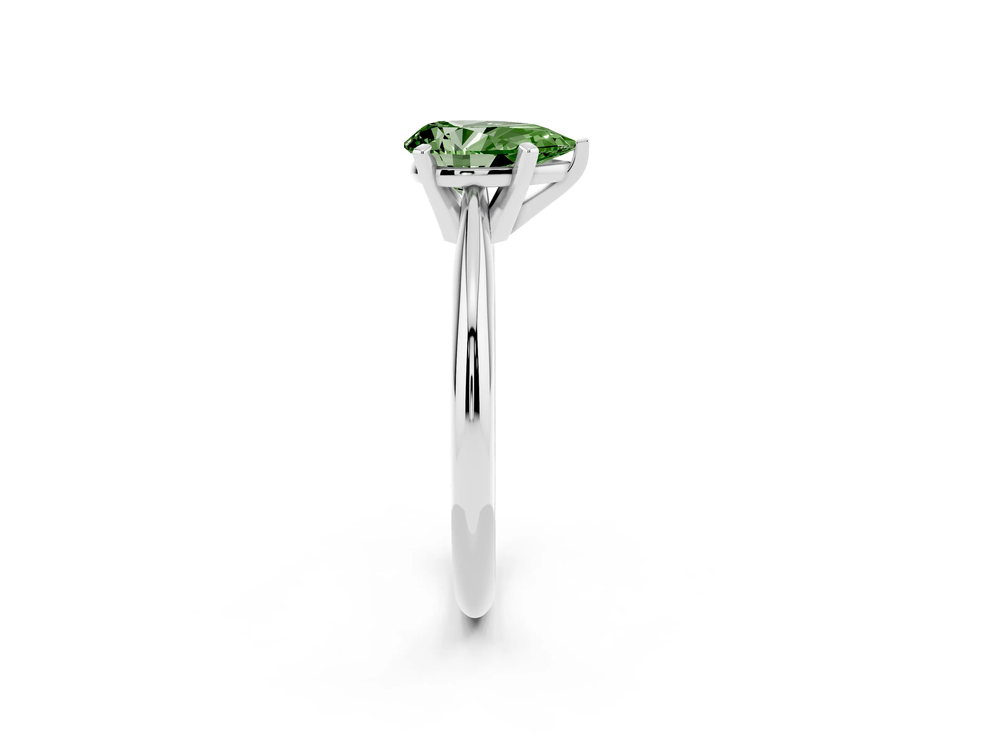 Fancy Green Pear Cut Diamond Solitaire Ring Set in Silver with Prong Setting on a Plain Round Band