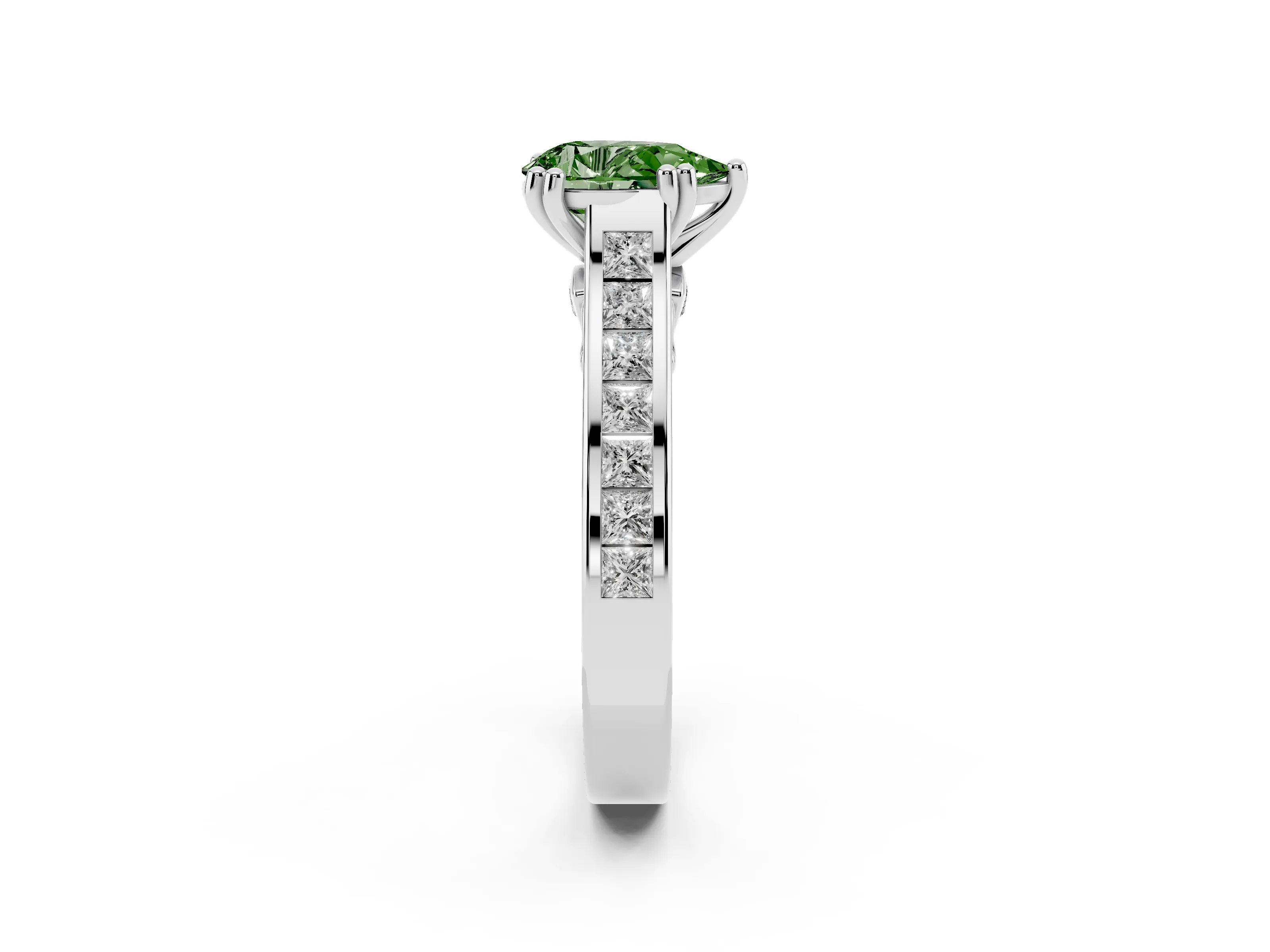 Fancy Green Pear Cut Diamond Channel Set Solitaire Engagement Ring Set in Silver with Prong Setting