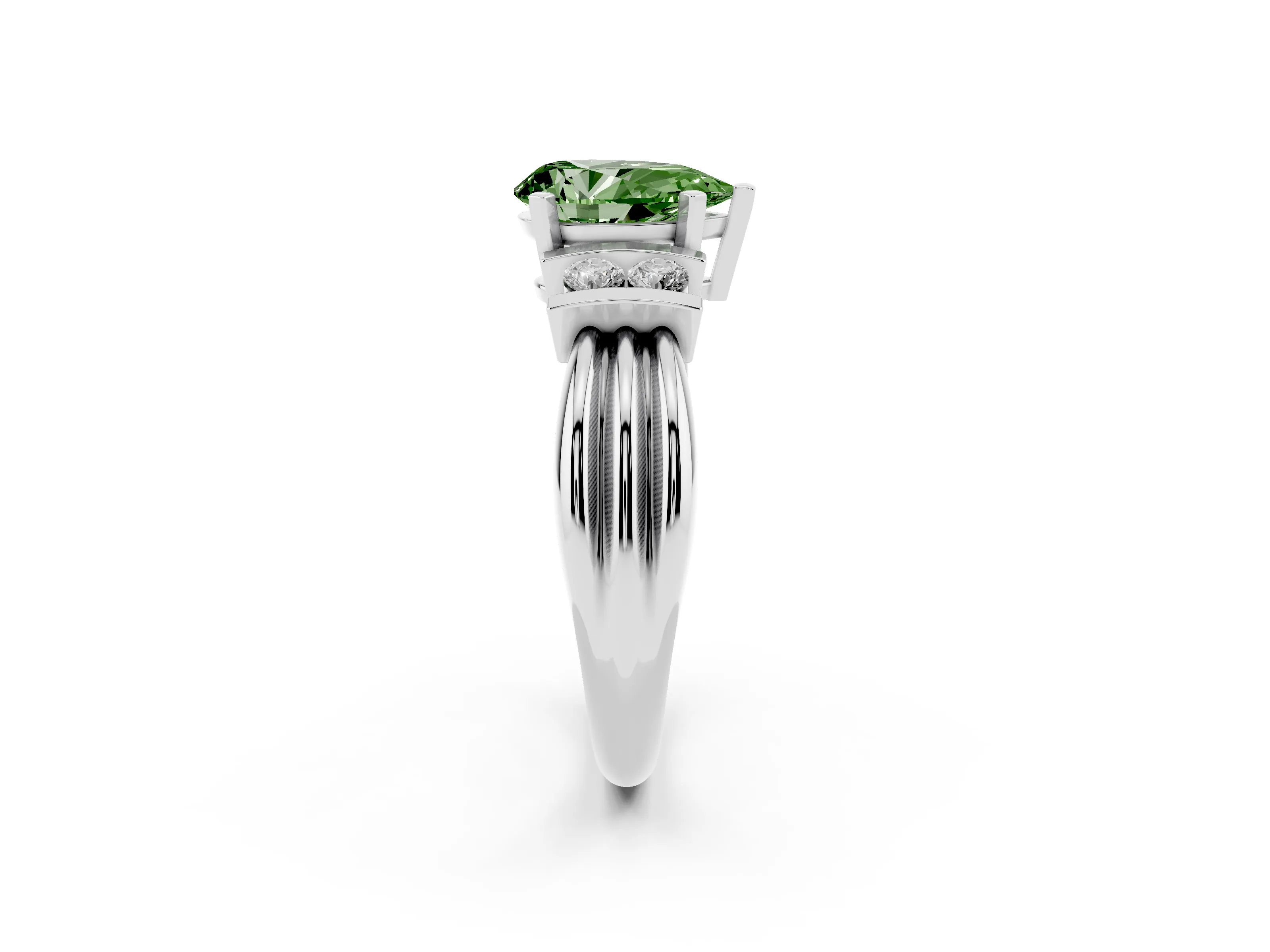 Fancy Green Three-Stone Pear Cut Diamond Channel Set Ring Set in Platinum with Bar Prongs