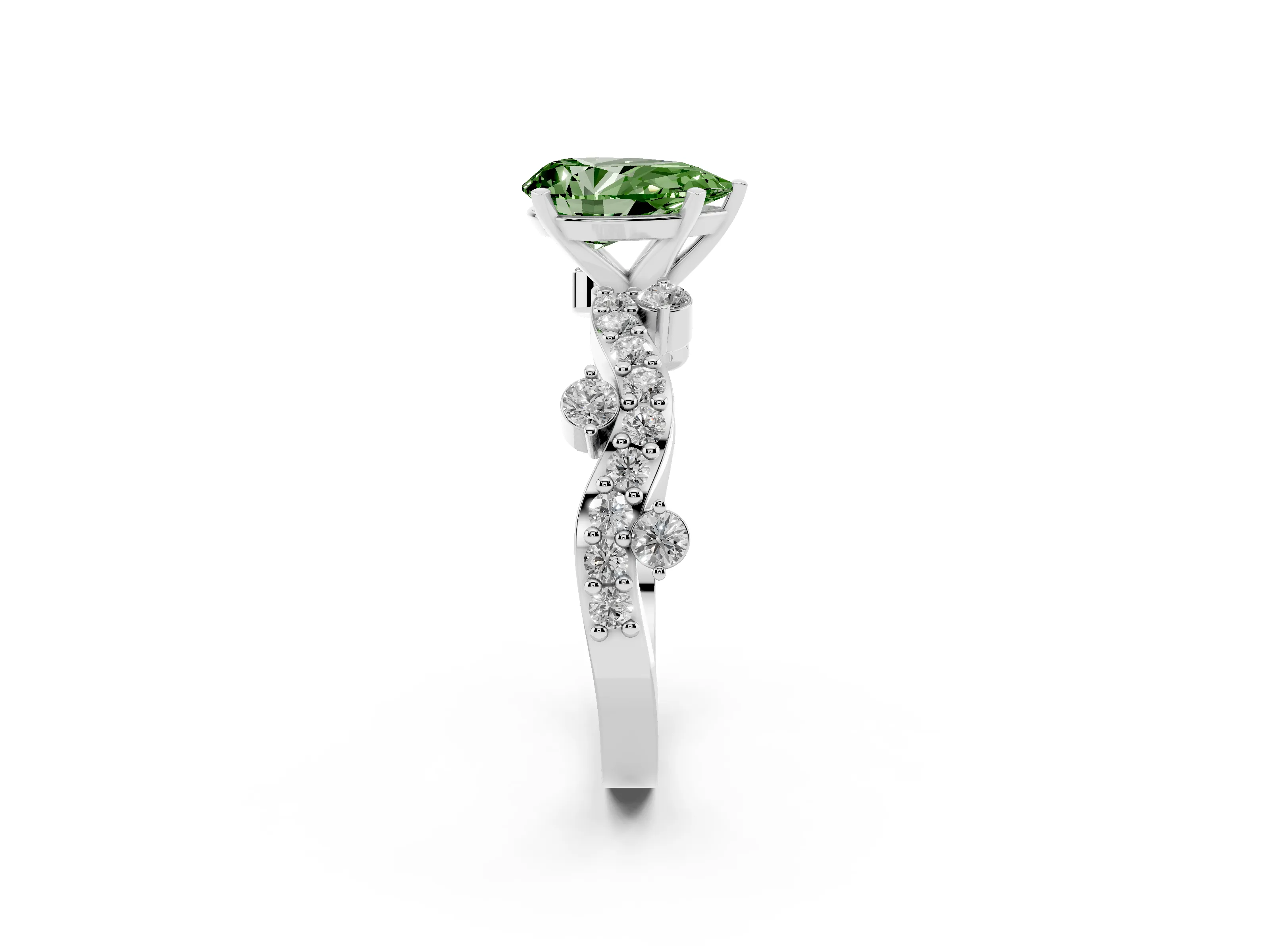 Fancy Green Pear Cut Diamond Solitaire Twisted Band Set in White gold with Pavé Setting