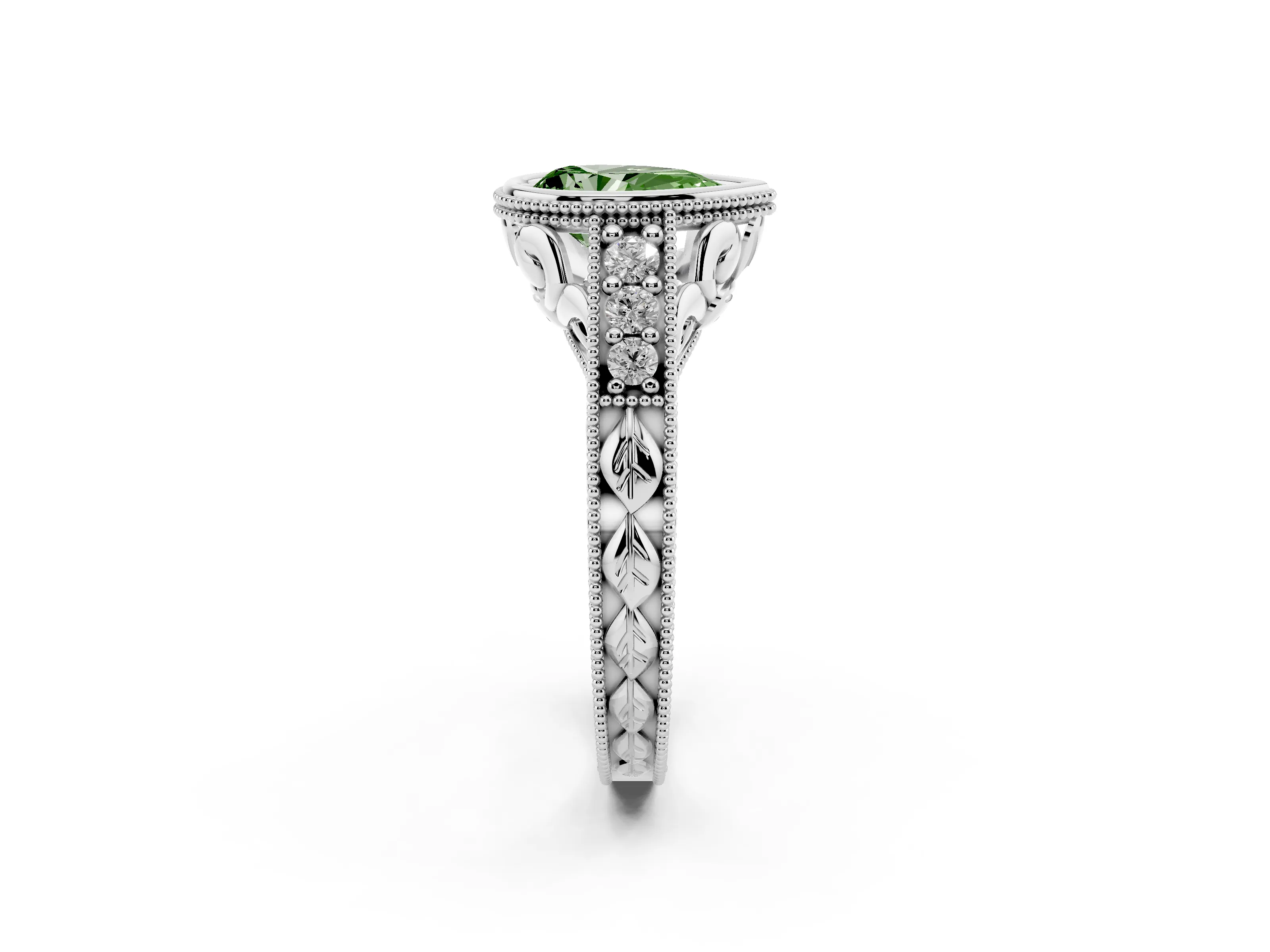 Fancy Green Bezel Set Pear Cut Diamond Milgrain Pavé Engagement Ring Set in White gold