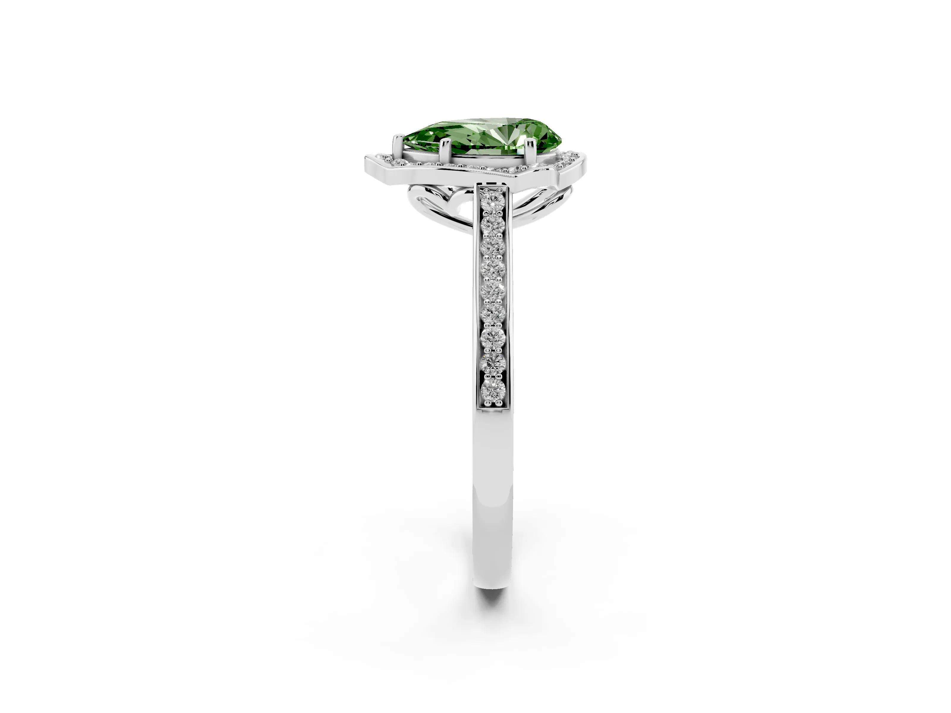Fancy Green Pear Cut Diamond Halo Ring Set in White gold with Pavé-Lined Shoulders and Prong Setting