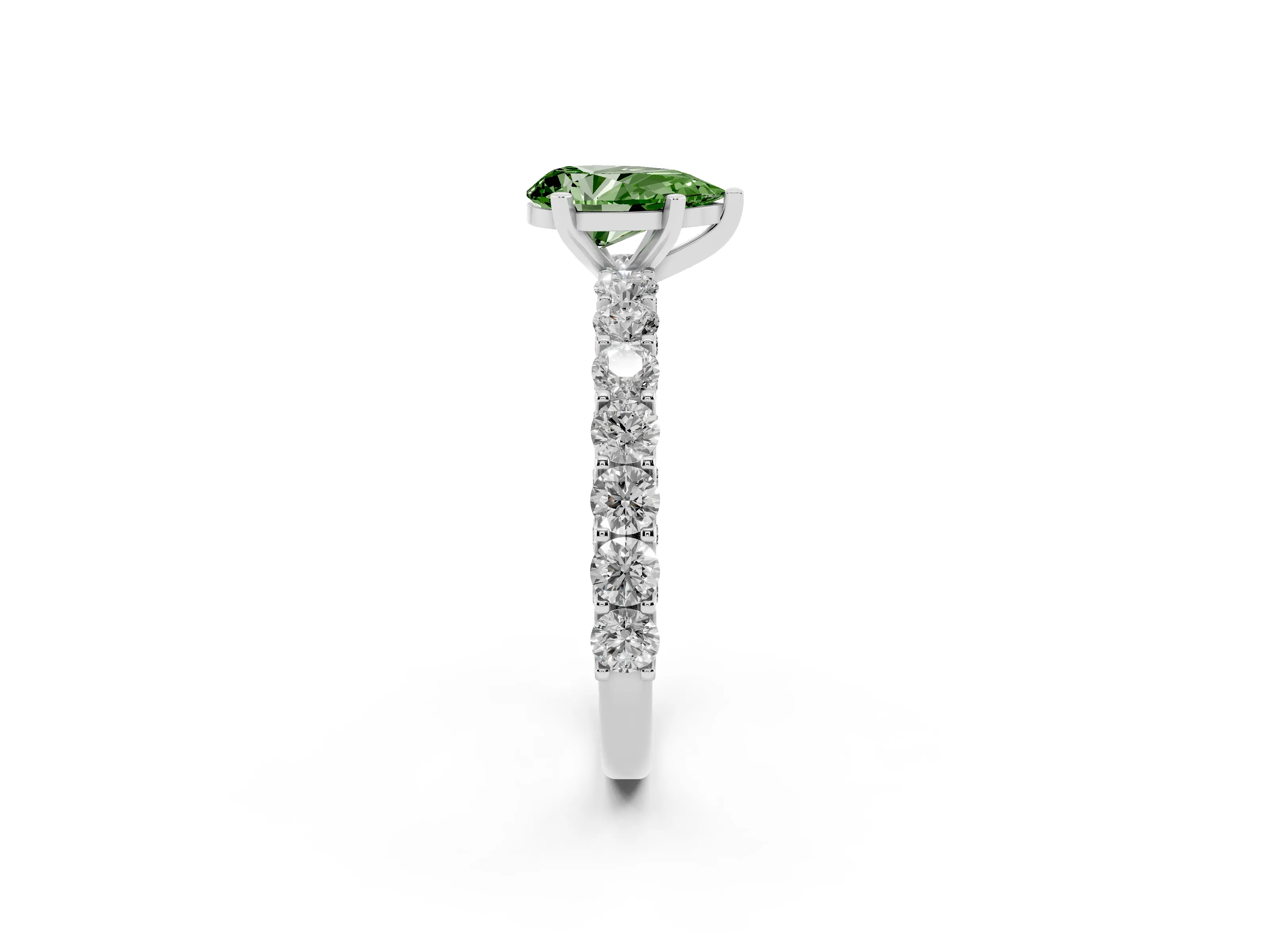 Fancy Green Pear Cut Diamond Solitaire Ring Set in Platinum with Shared Prong Pavé Band