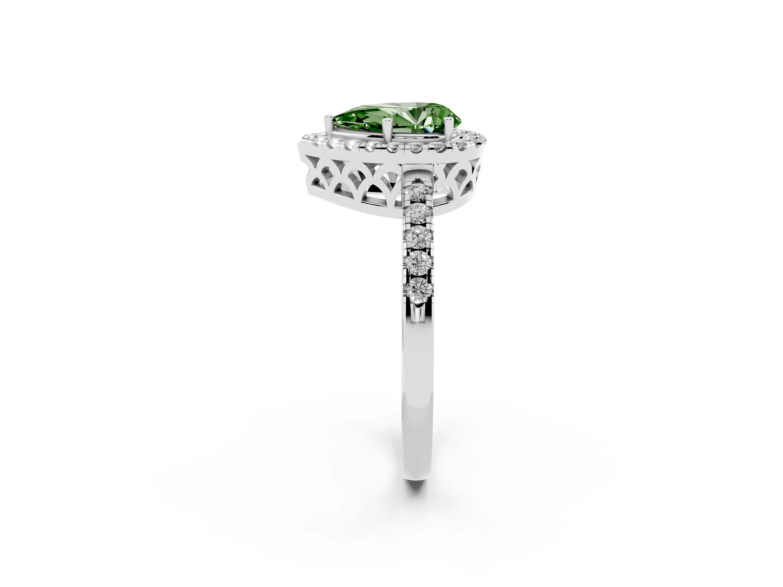 Fancy Green Pear Cut Diamond Pavé Band Halo Engagement Ring Set in Silver with Prong Setting