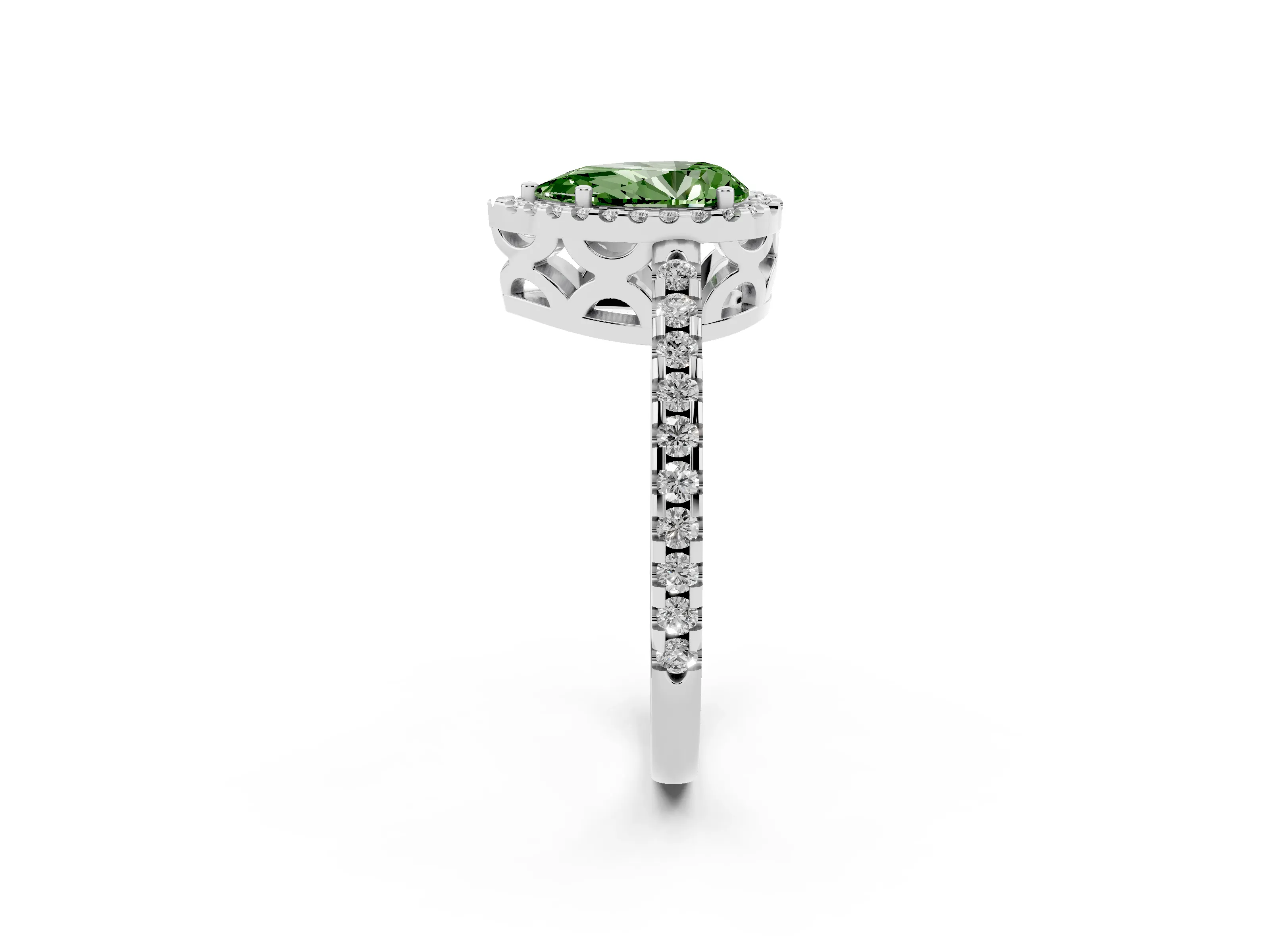 Fancy Green Pear Cut Diamond Halo Ring Set in Silver with Pavé Shoulders and Halo-Framed Center