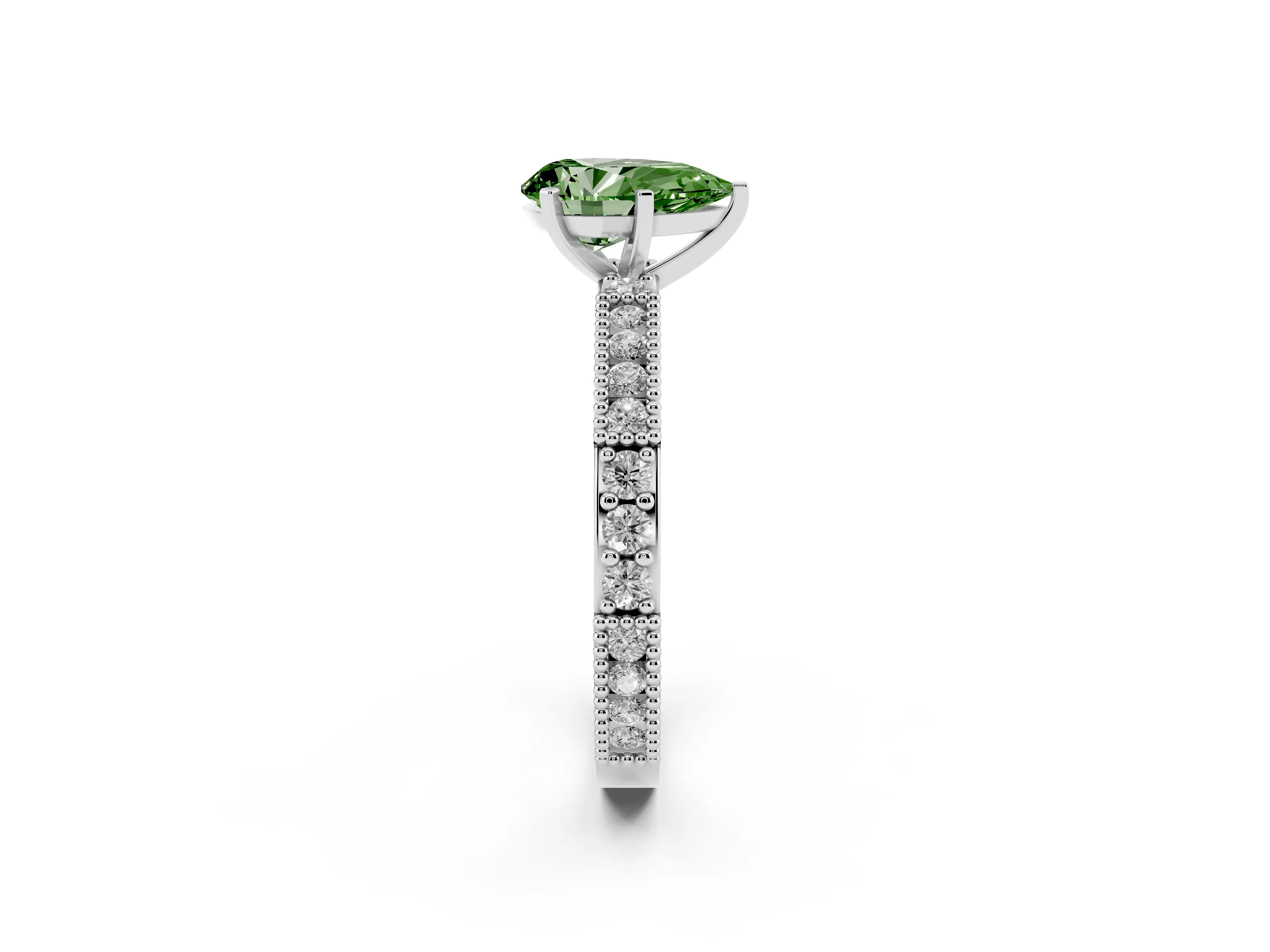 Fancy Green Pear Cut Diamond Solitaire Ring Set in Silver with Slim Pavé Band and Prong Setting