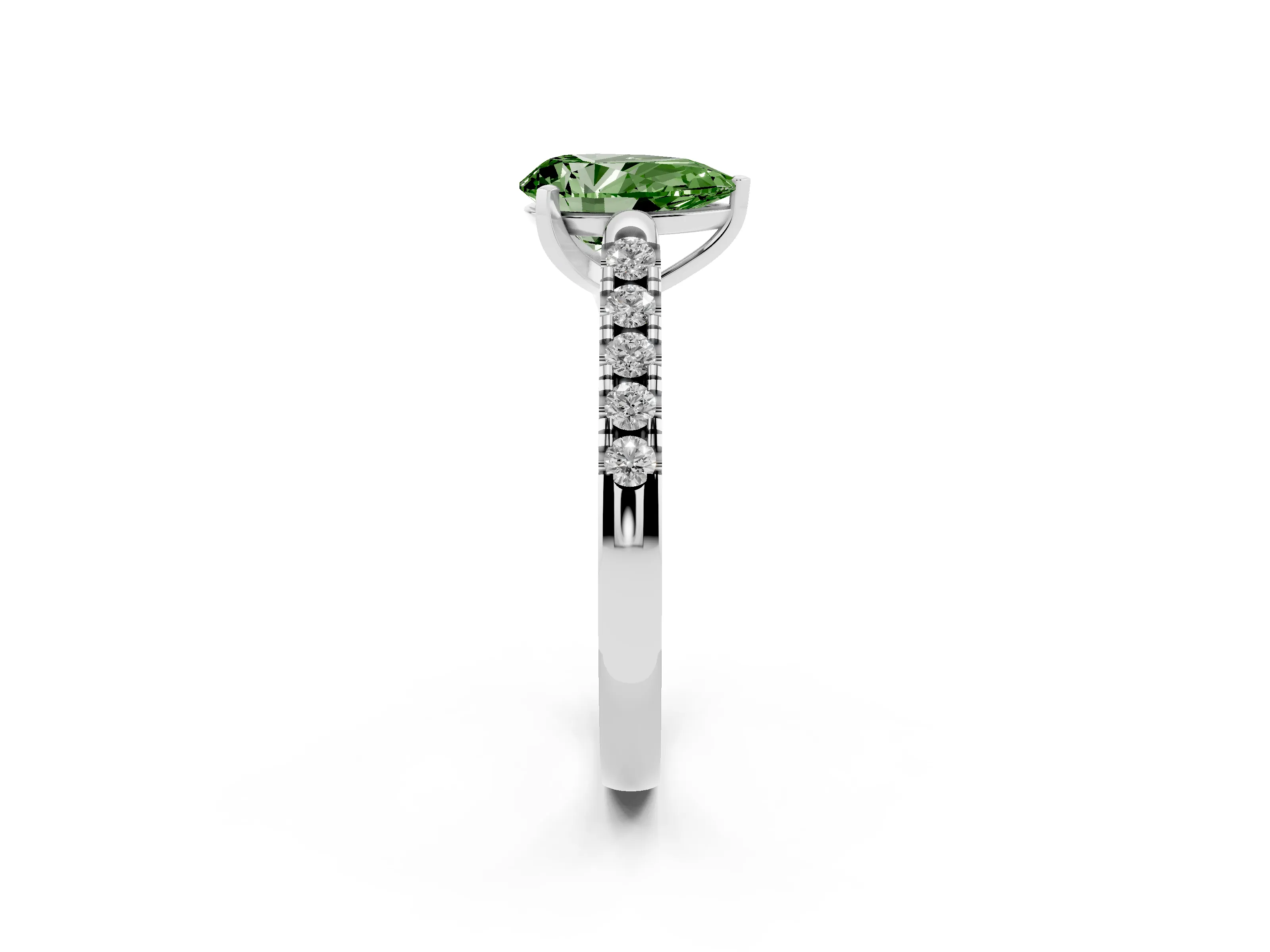 Fancy Green Pear Cut Diamond Pavé Band Solitaire Ring Set in White gold with Partway Accent Stones and Prong Setting