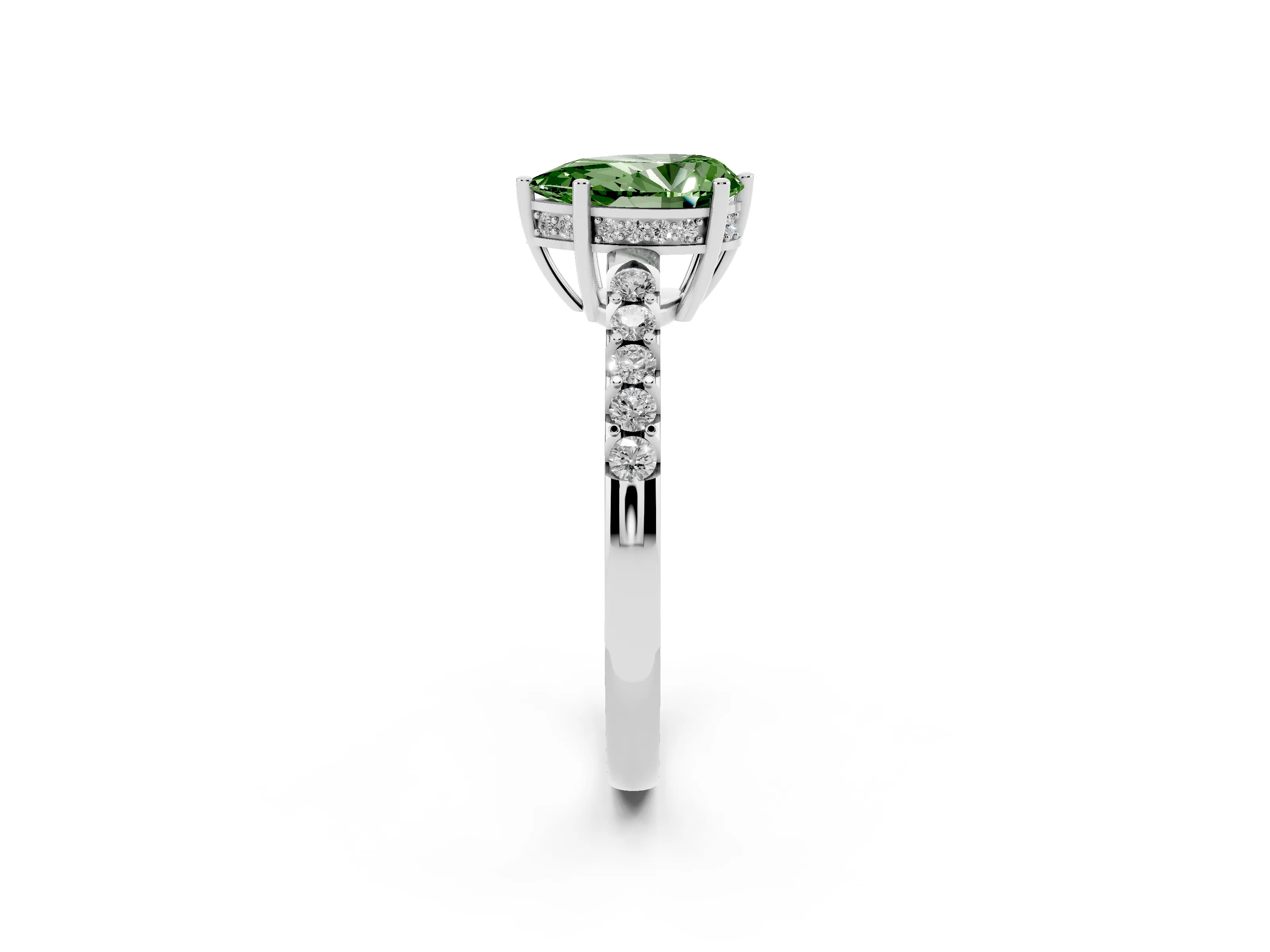 Fancy Green Pear Cut Diamond Solitaire Engagement Ring Set in Platinum with Pavé Band and Prong Setting