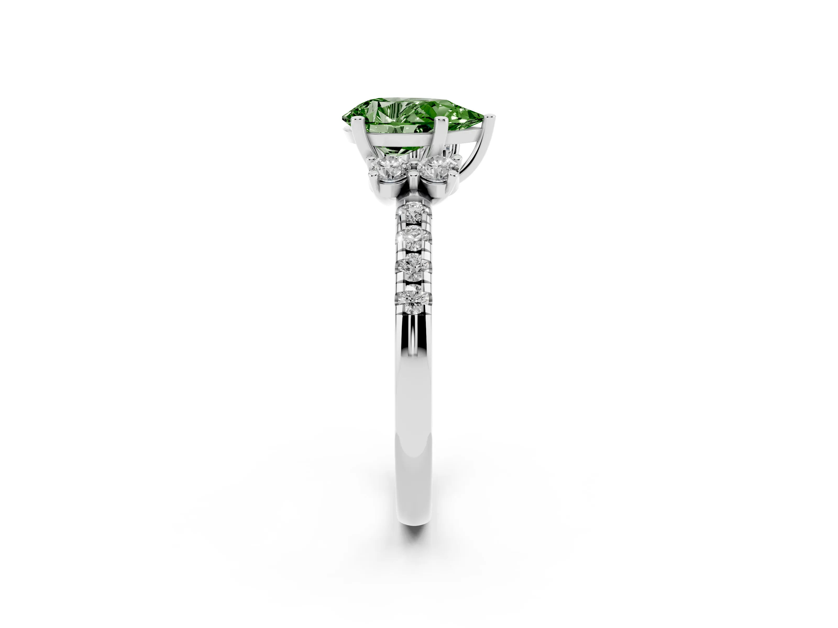 Fancy Green Pear Cut Diamond Three-Stone Pavé Ring Set in White gold with Prong Setting
