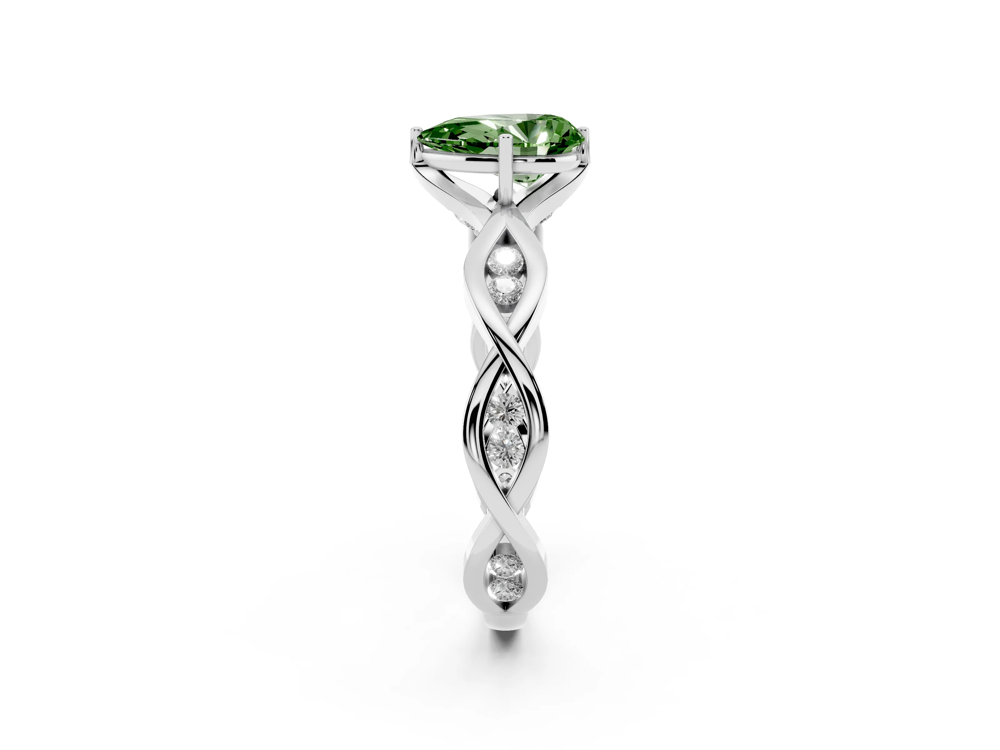 Fancy Green Pear Cut Diamond Twist Band Solitaire Ring Set in Platinum with Leaf Prong Setting and Accent Stones