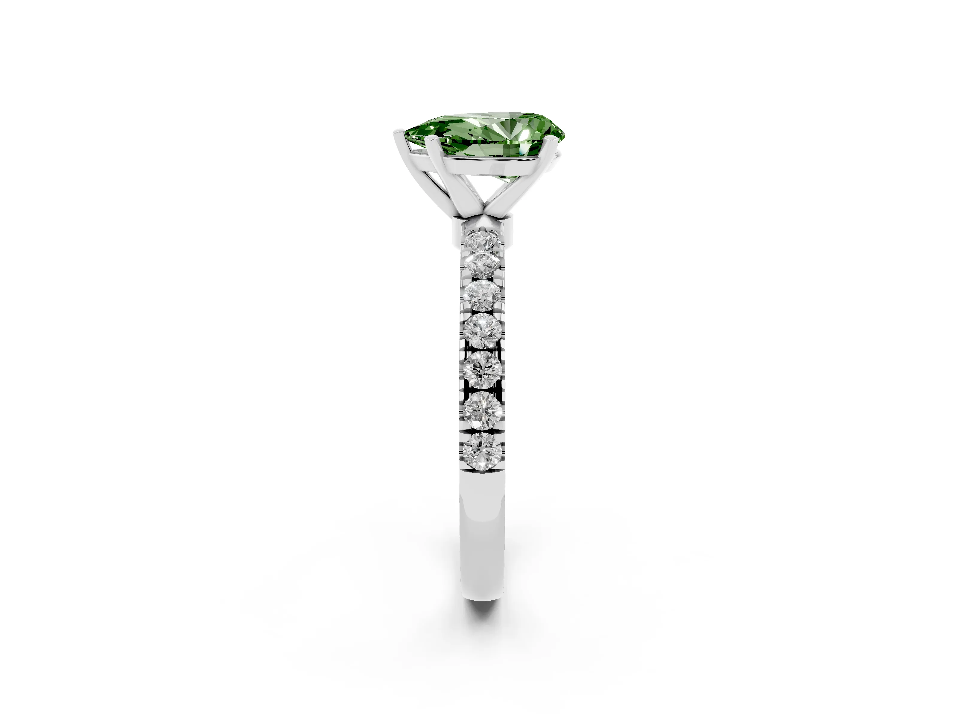 Fancy Green Pear Cut Diamond Solitaire Ring Set in Platinum with Pavé Accents and Prong Setting