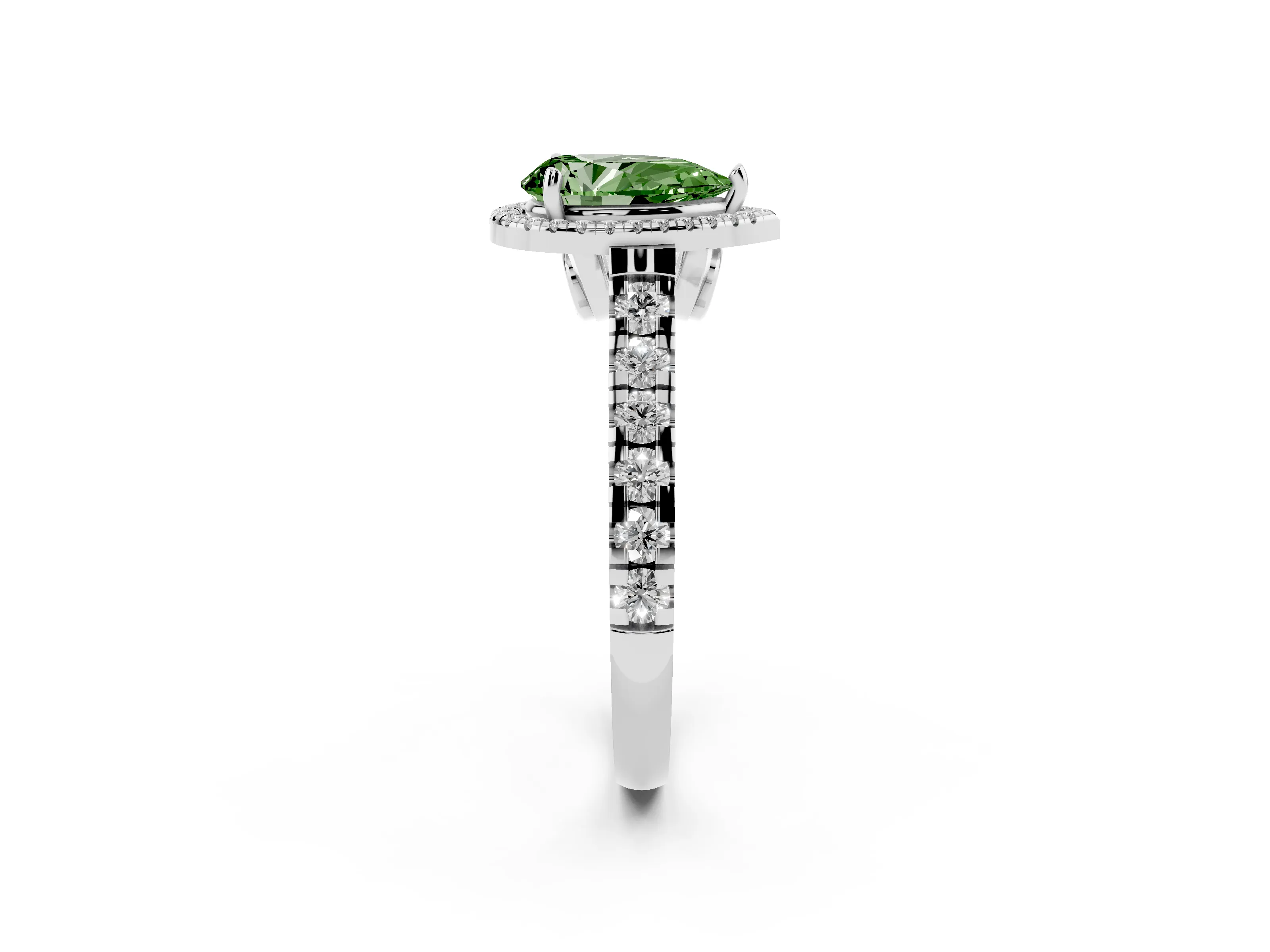 Fancy Green Pear Cut Diamond Halo Engagement Ring Set in Silver with Pavé Band and Prong-Set Center