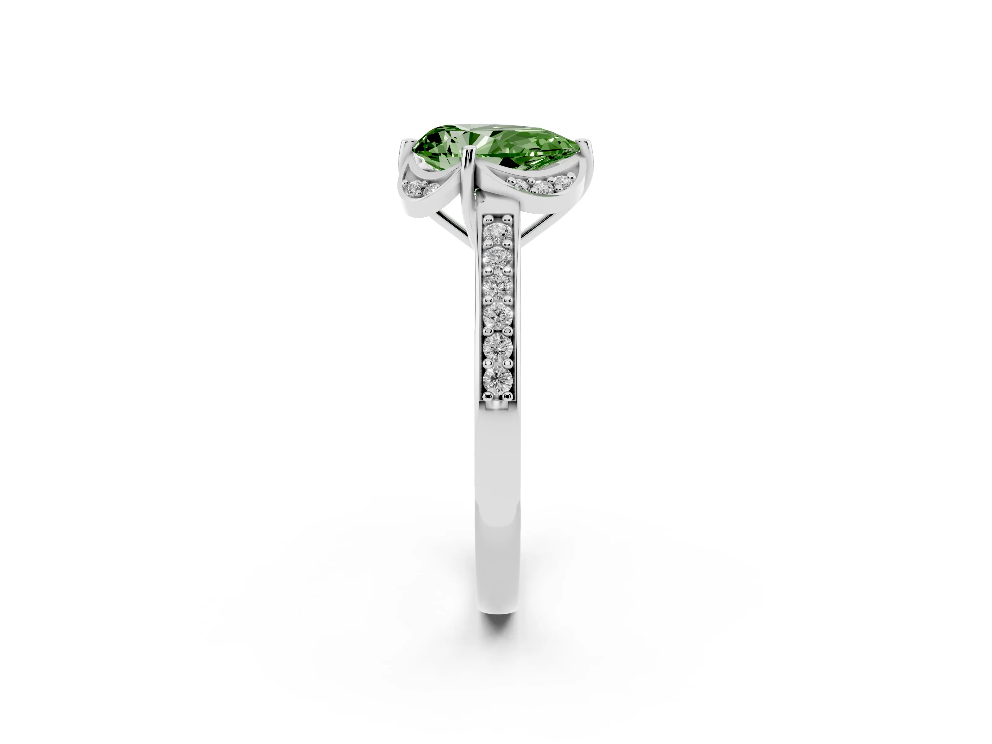Fancy Green Pear Cut Diamond Halo Ring Set in Silver with Channel Set Band and Prong Setting