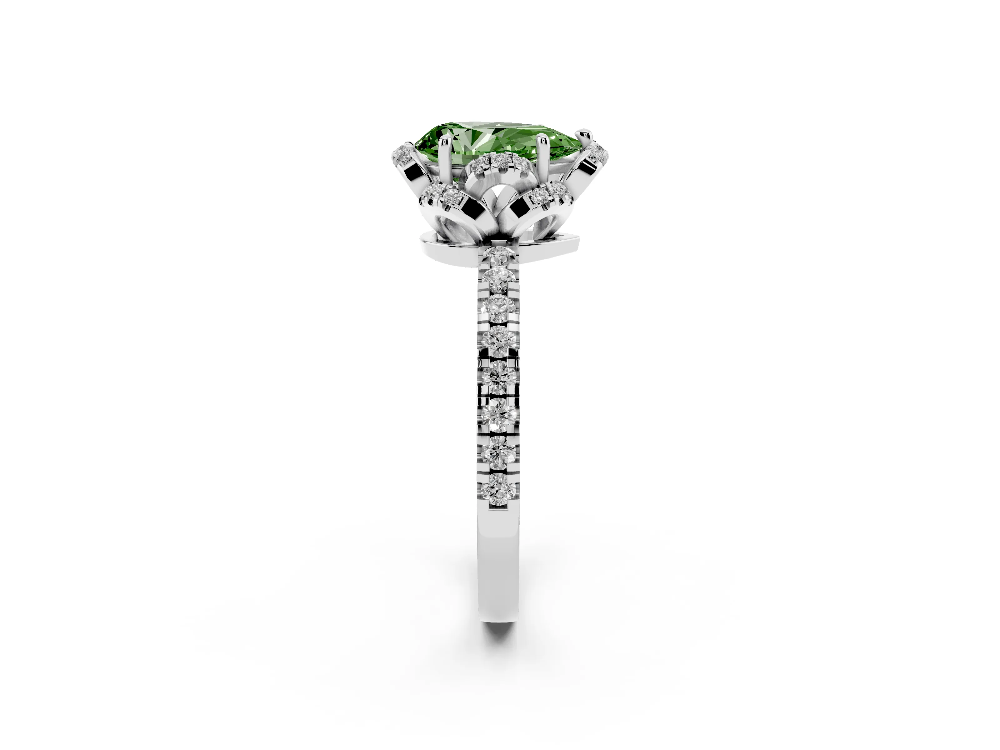 Fancy Green Pear Cut Diamond Halo Pavé Band Ring Set in Platinum with Prong-Held Center