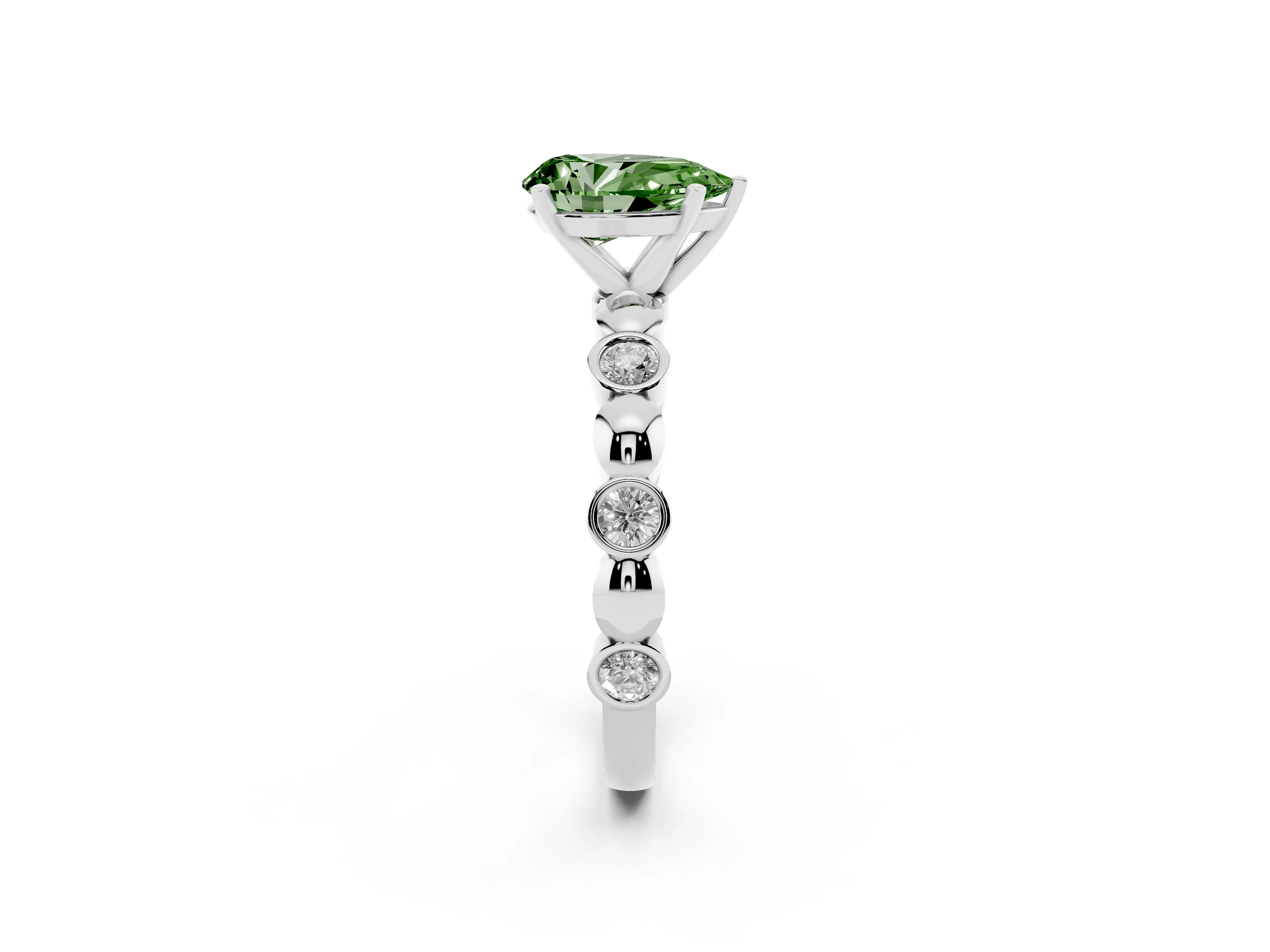 Fancy Green Pear Cut Diamond Solitaire Ring Set in Silver with Bezel-Set Accents on Beaded Band and Prong Setting