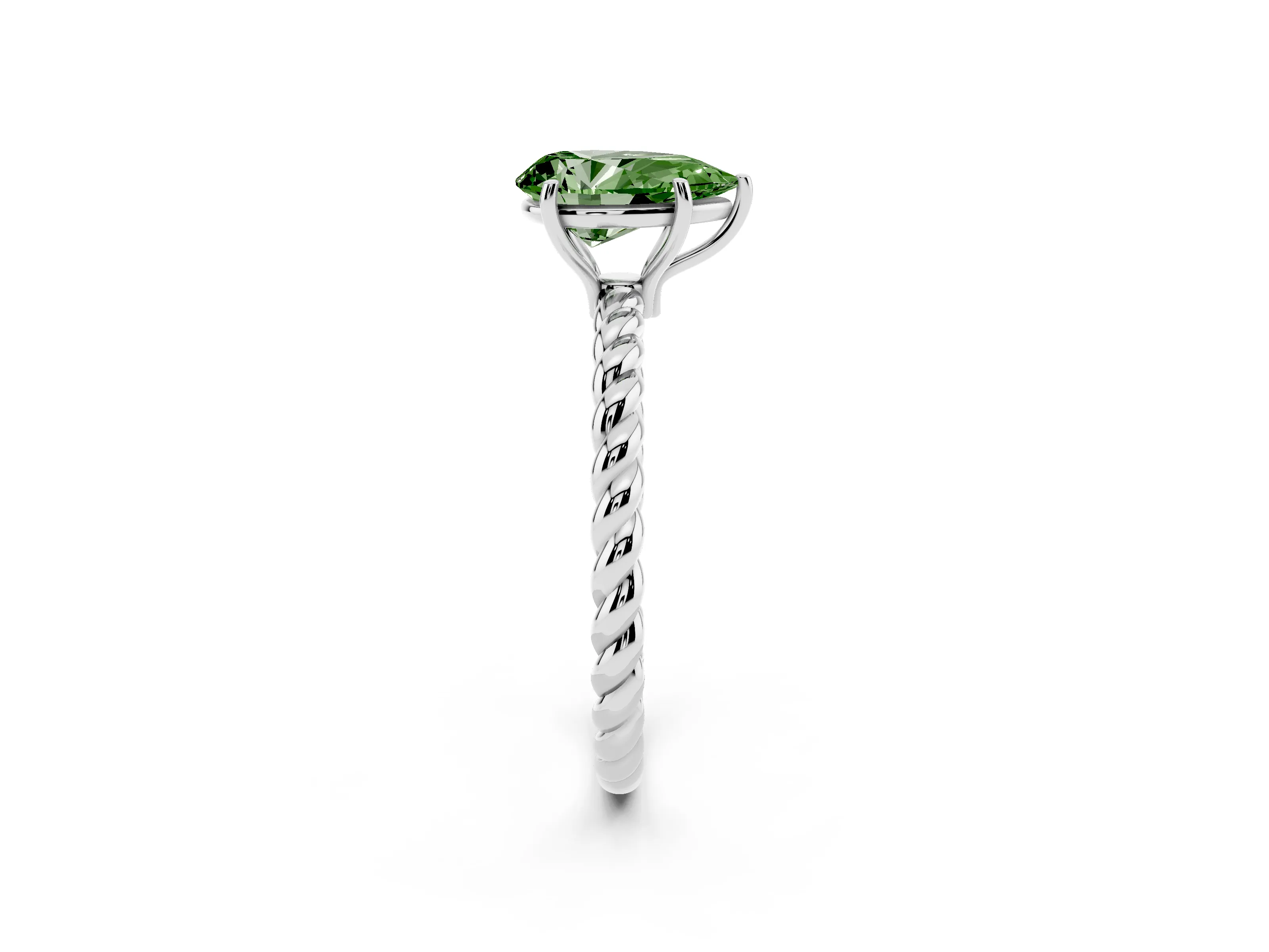 Fancy Green Pear Cut Diamond Solitaire Ring Set in White gold with Twist Band and Prong Setting