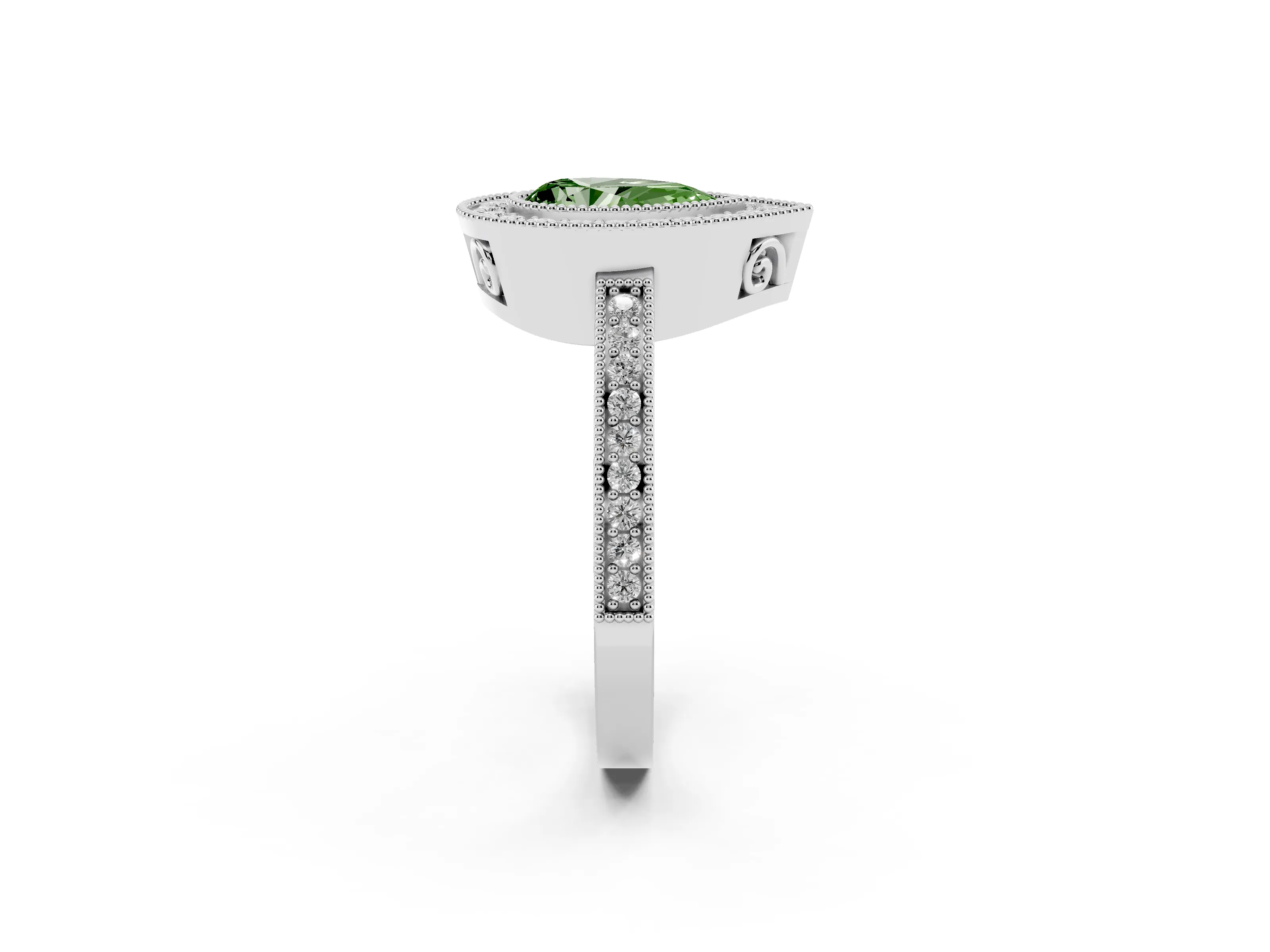 Fancy Green Pear Cut Diamond Round Halo Ring Set in White gold with Pavé Band