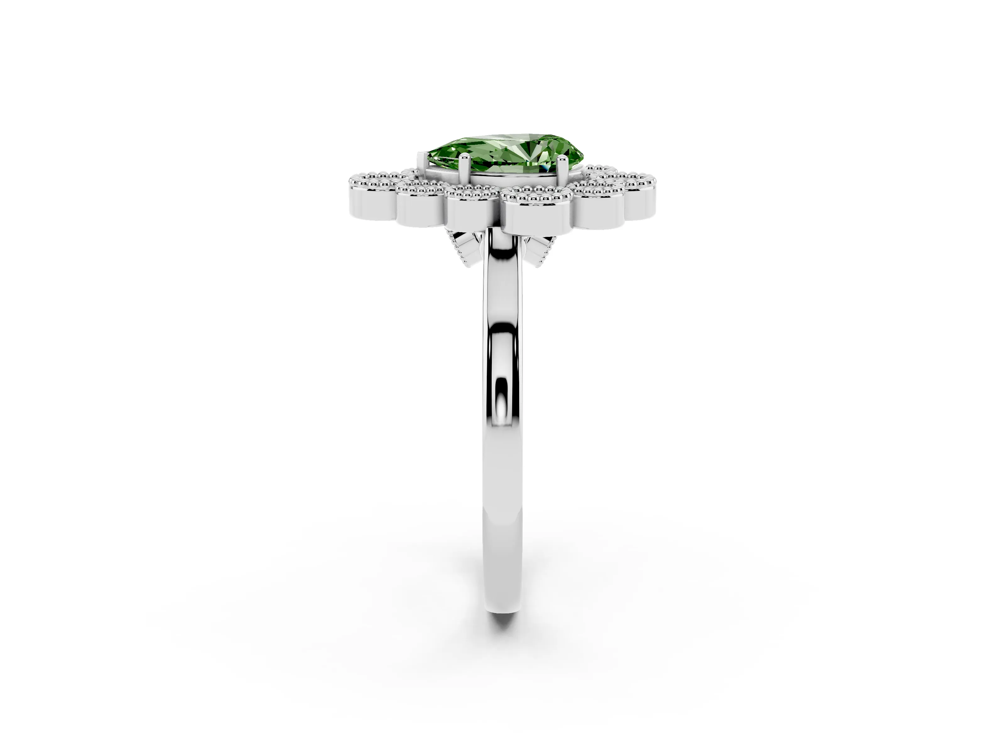 Fancy Green Pear Cut Diamond Cluster Halo Ring Set in White gold with Milgrain Bezel Accents and Plain Band