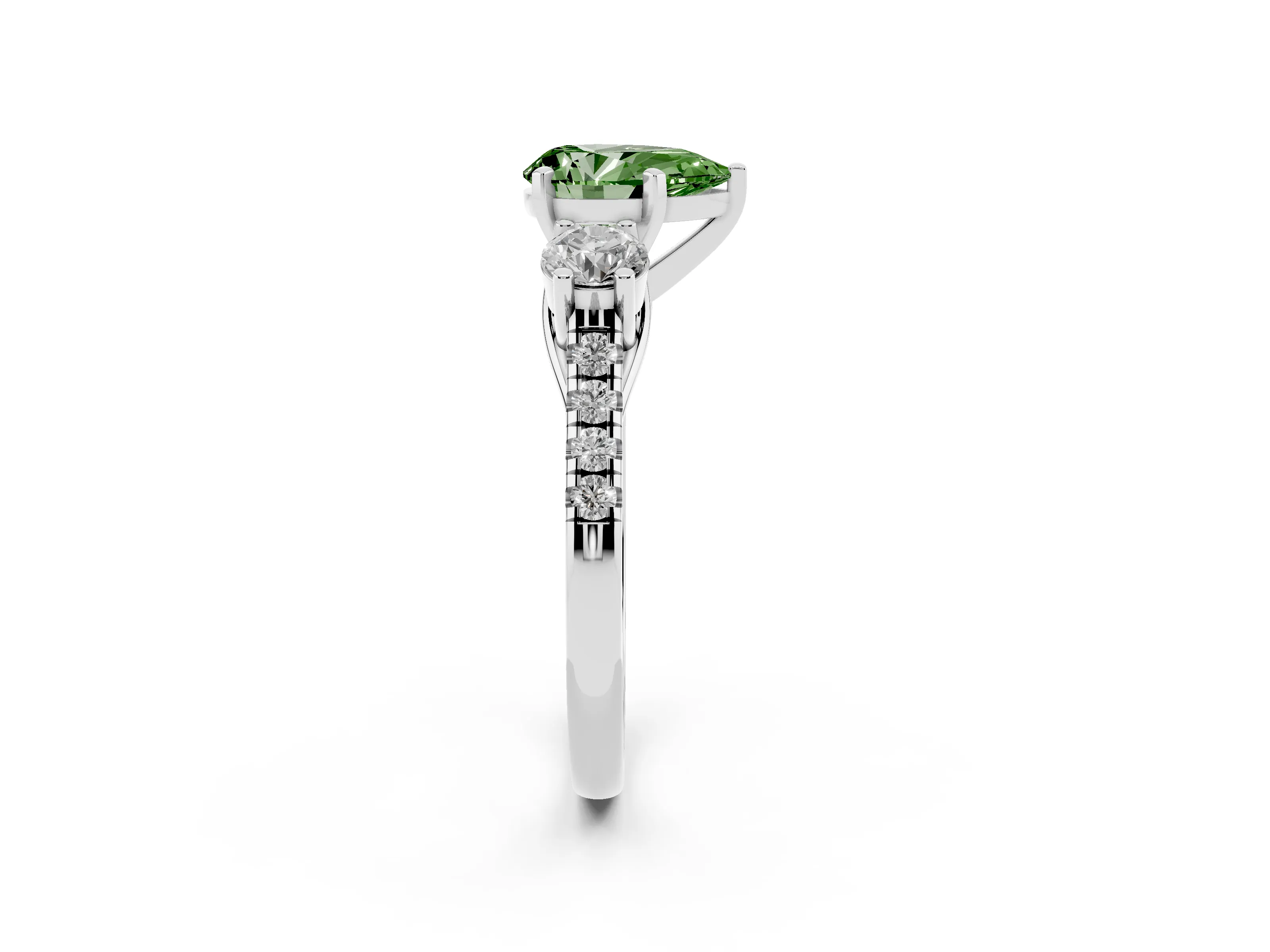 Fancy Green Three-Stone Pear Cut Diamond Pavé Band Ring Set in Silver with Prong-Set Trio