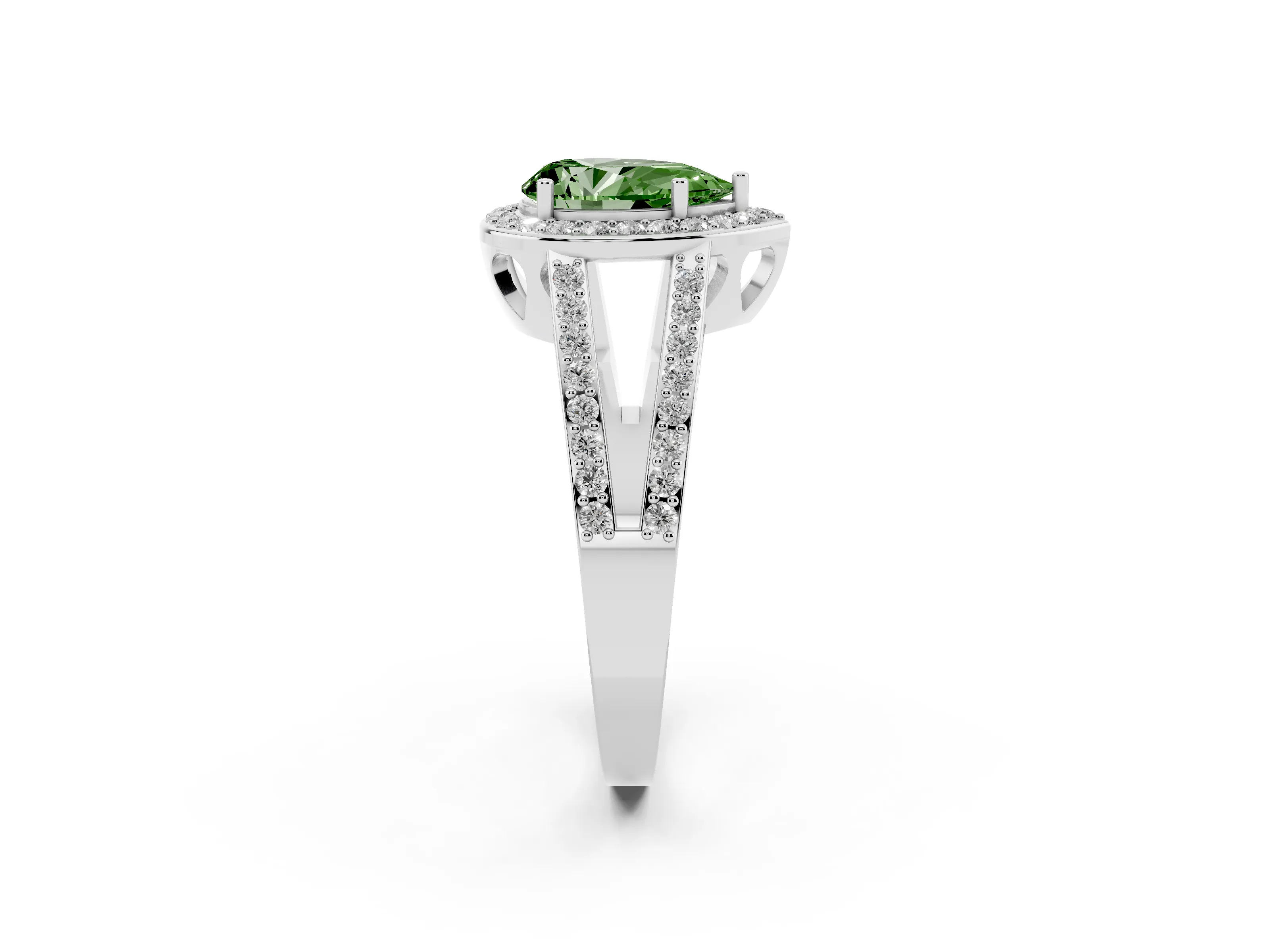 Fancy Green Pear Cut Diamond Halo Ring Set in Platinum with U-Prong Split Shank and Prong Setting